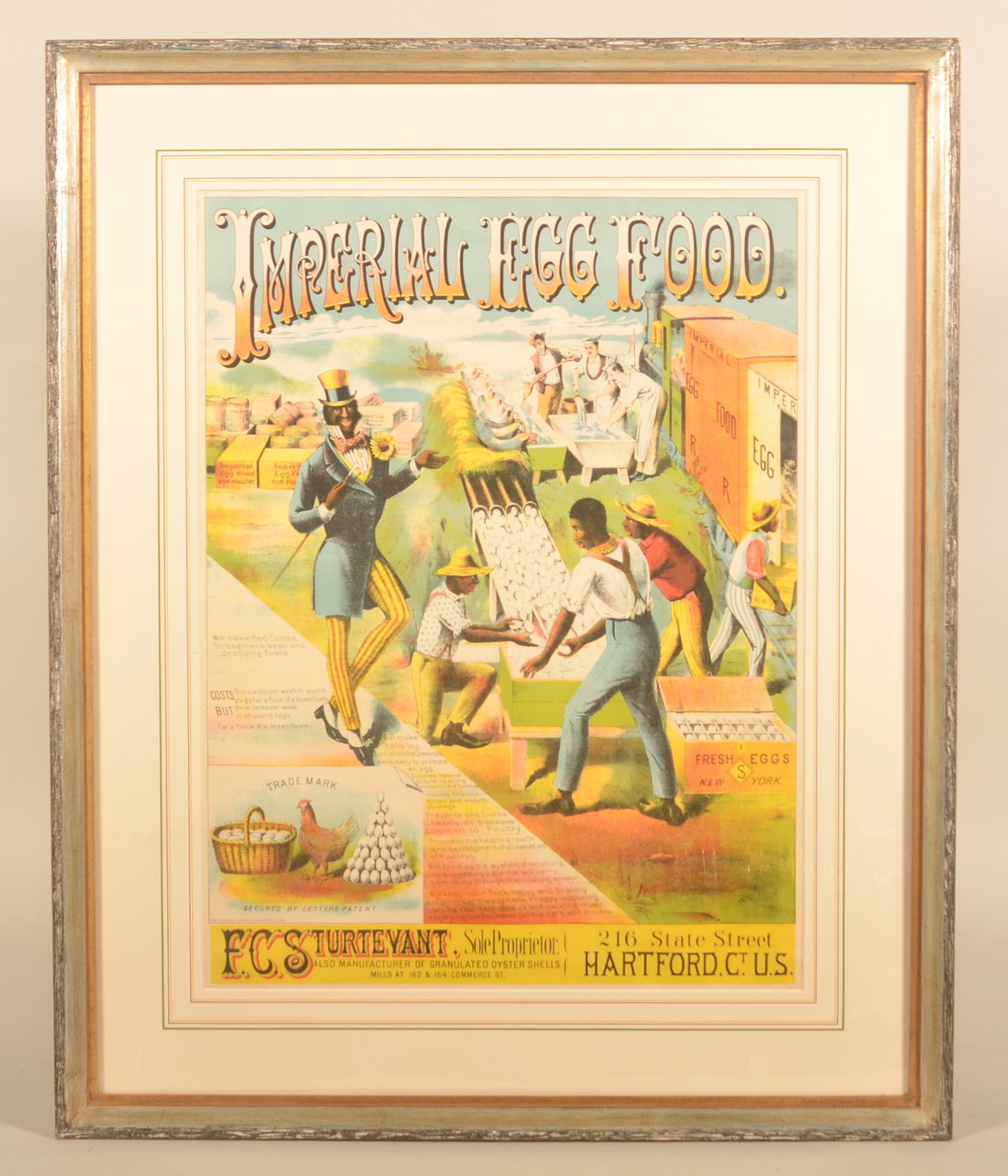 Early Lithographed Imperial Egg Food Sign: Great 19th-century multicolor lithographed paper sign advertising F.C. Sturtevant's Imperial Egg Food. Also notes he sold granulated oyster shells. Location was 216 State Street in Hartford, CT. Profe