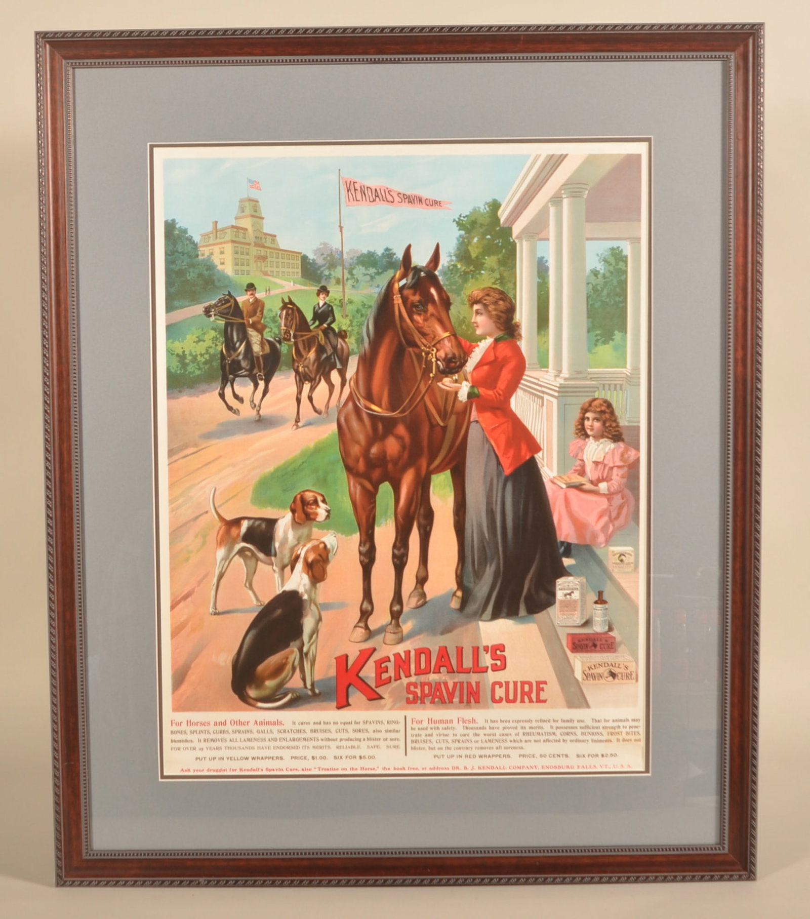 Stunning Kendall's Spavin Cure Veterinary Poster: Incredible graphics and colors on this late 19th century advertising sign/poster for Dr. B.J. Kendall Company in Enosburg Falls, VT. Professionally matted and framed. 38"H x 31 3/4"W