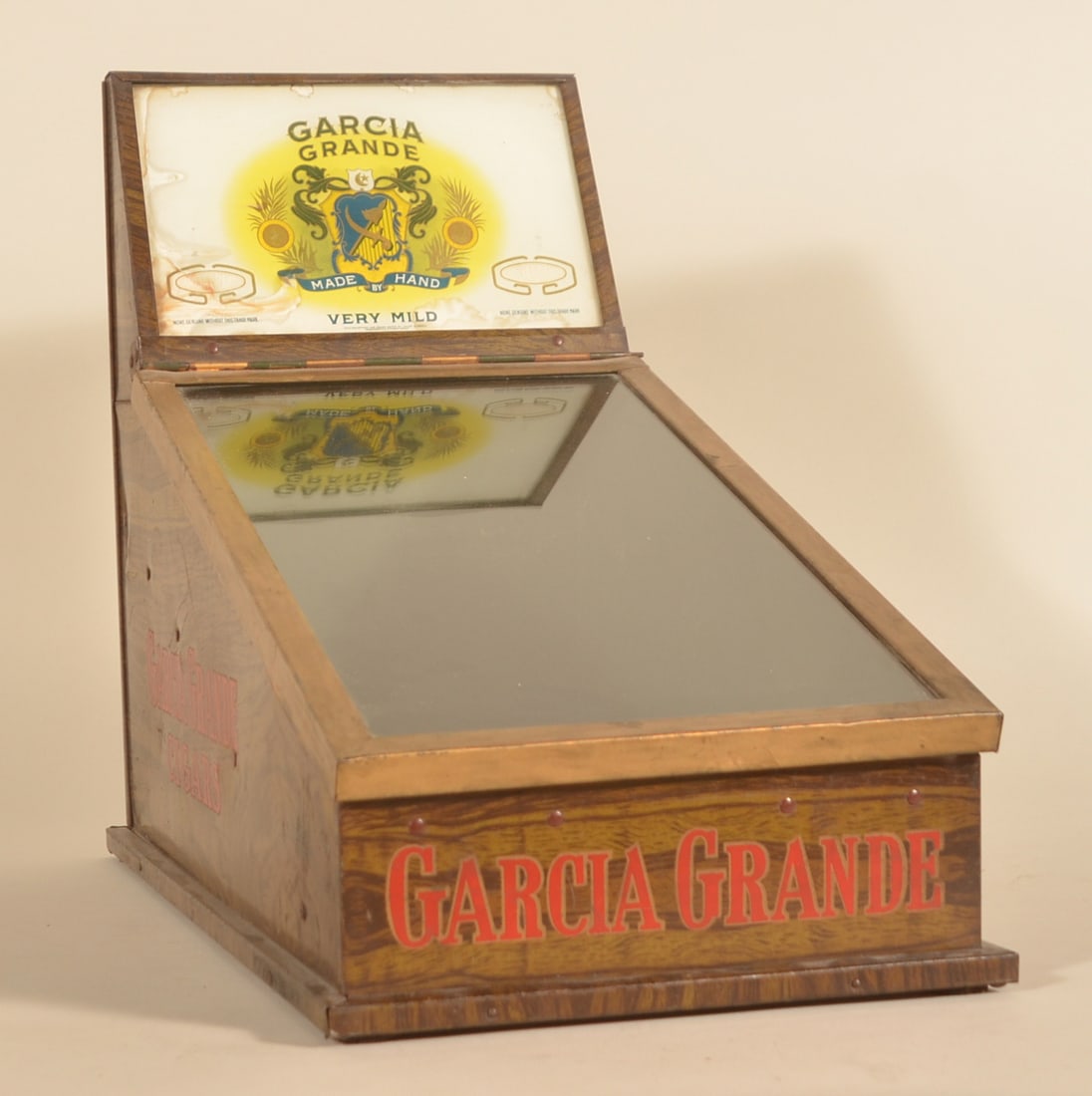 Garcia Grande Tin Cigar Counter Display: Very nice, large lift-lid cigar store counter display which held boxes of Garcia Grande cigars, made by Julius Klorfein. Klorfein was a Polish immigrant who worked in the cigar industry in Brooklyn be