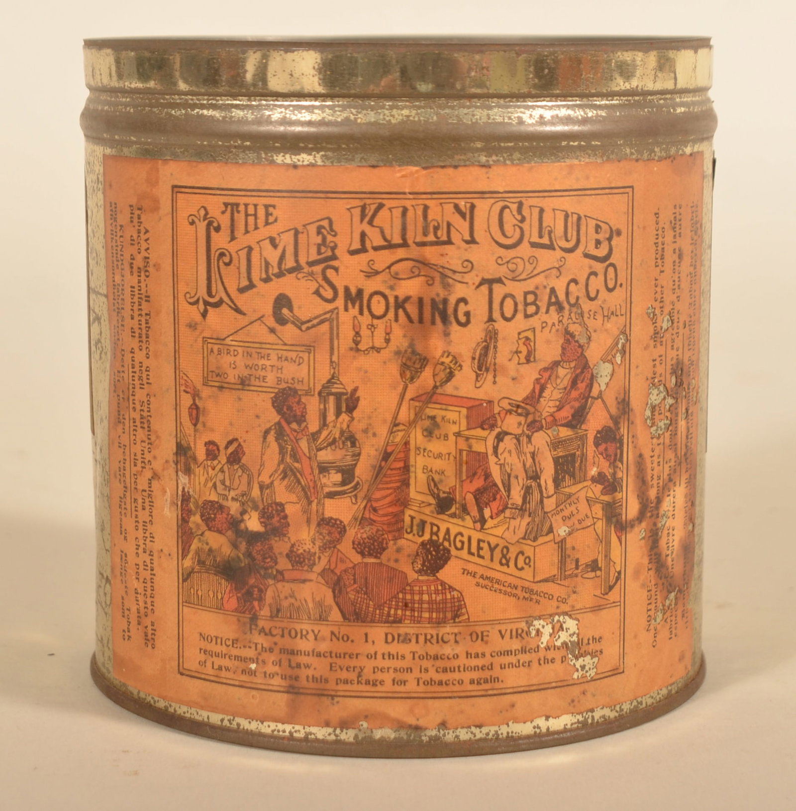 Rare Lime Kiln Club Paper Label Tobacco Tin: Made by the J.J. Bagley company from Detroit, Michigan. John J. Bagley started his tobacco business in the 1850s, naming it the Mayflower Tobacco Company. He produced iconic brands such as