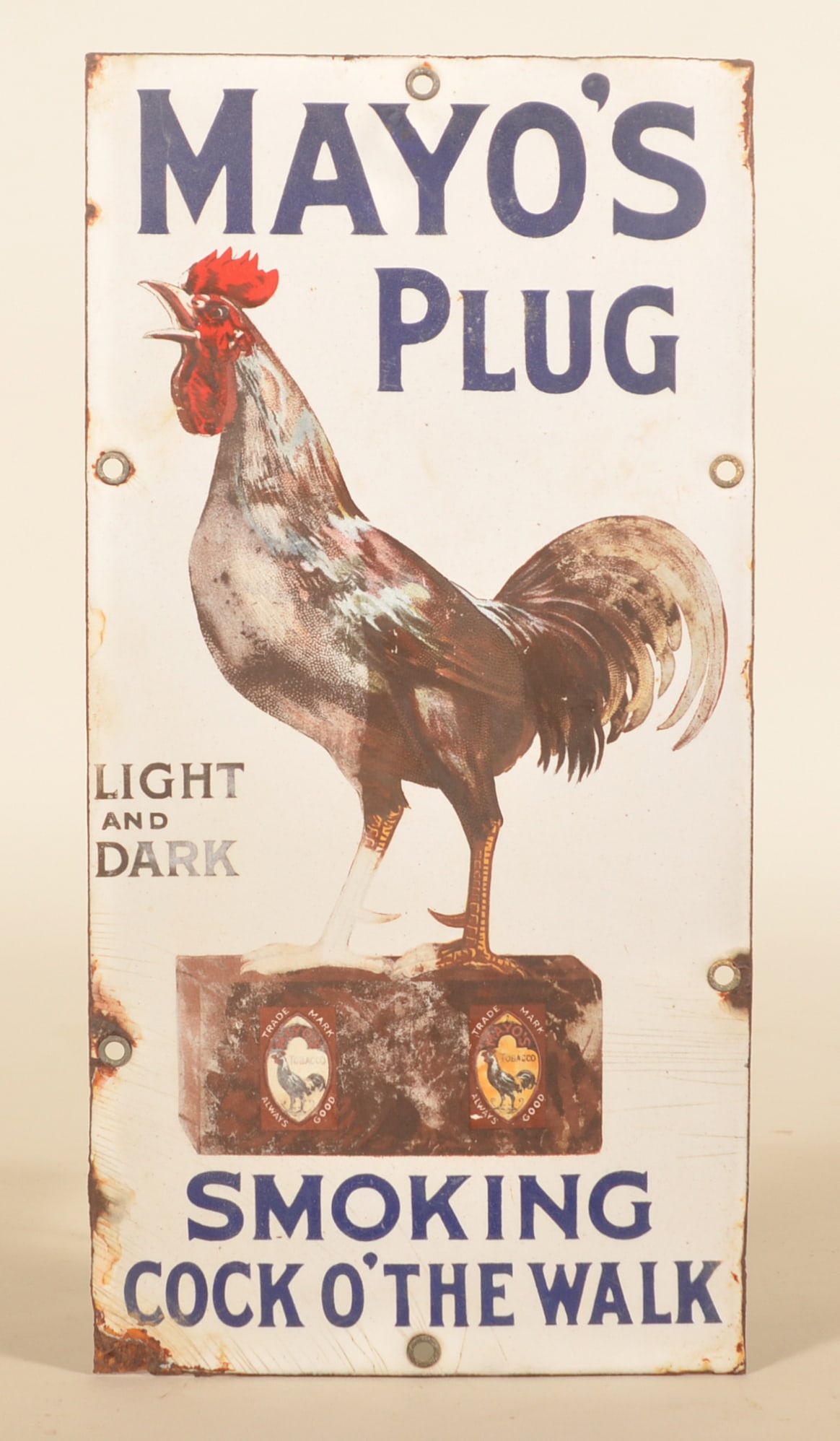 Mayo's "Cock O'The Walk" Porcelain Tobacco Sign: Difficult to find sign with good colors and excellent graphics depicting a rooster on a brick of Mayo's tobacco. All grommets are in place. 13"H x 6 1/2"W