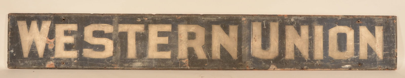Antique Wood Smaltz-Painted Western Union Sign: Impressive, large, late-19th century wood sign that would have hung outside their headquarters building in New York City. White lettering on what was originally a blue background that has now