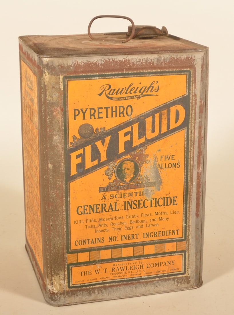 Large 5-Gallon Rawleighs Fly Fluid Advertising Tin: Screw-top can with added tin pouring spout. Advertising on each side. 13 3/4"H x 9 1/4"D