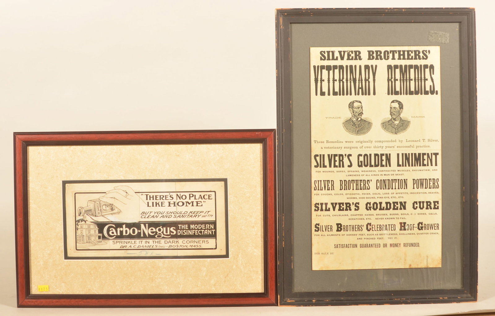 Silver Bros. & Dr. Daniels' Vet Advertisements: Group of two nicely framed posters including a very rare printer's proof for Dr. Daniels' Carbo-Negus. Rare in that it was being marketed for home use rather than for animals. The company had a brief 