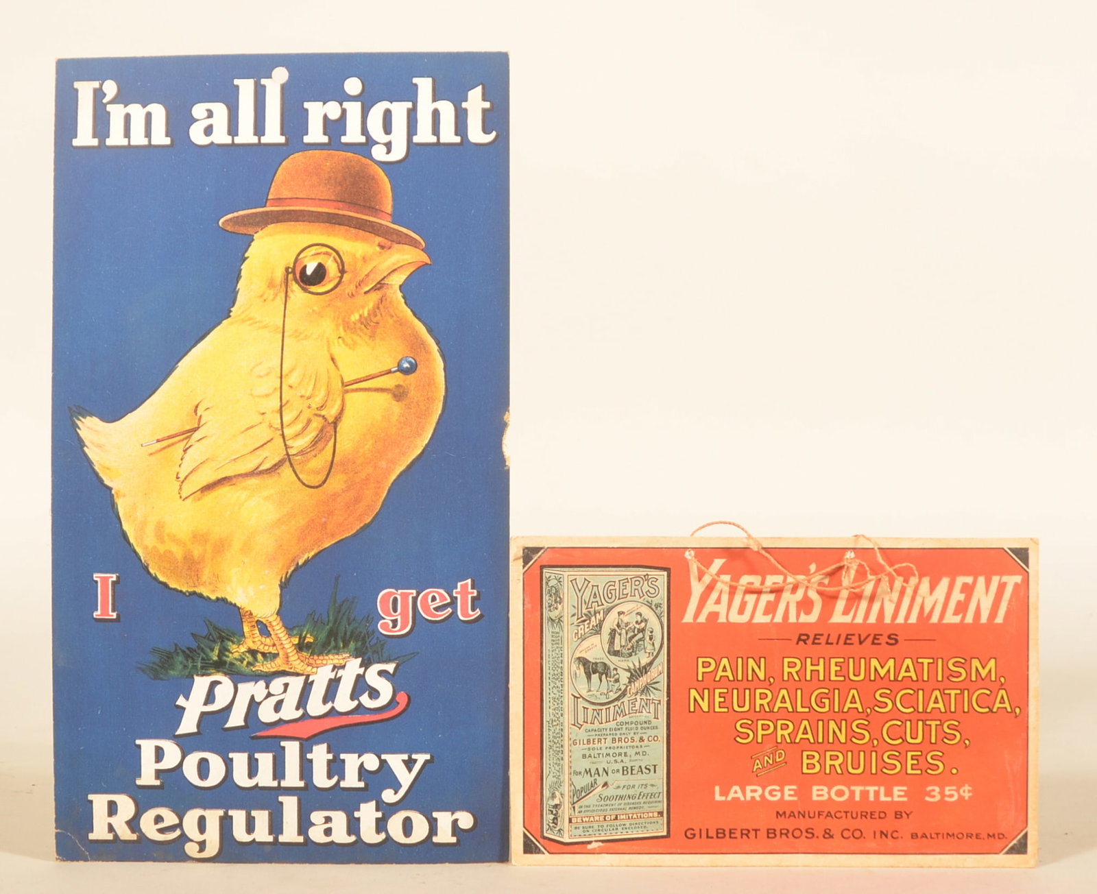 Pratt's & Yager's Cardboard Veterinary Signs: Colorful double-sided Pratt's poultry and animal regulator sign with hanging hole at top. Nice Yager's Liniment sign showing a package with advertising from Gilbert Bros. in Baltimore, MD. Pratts,