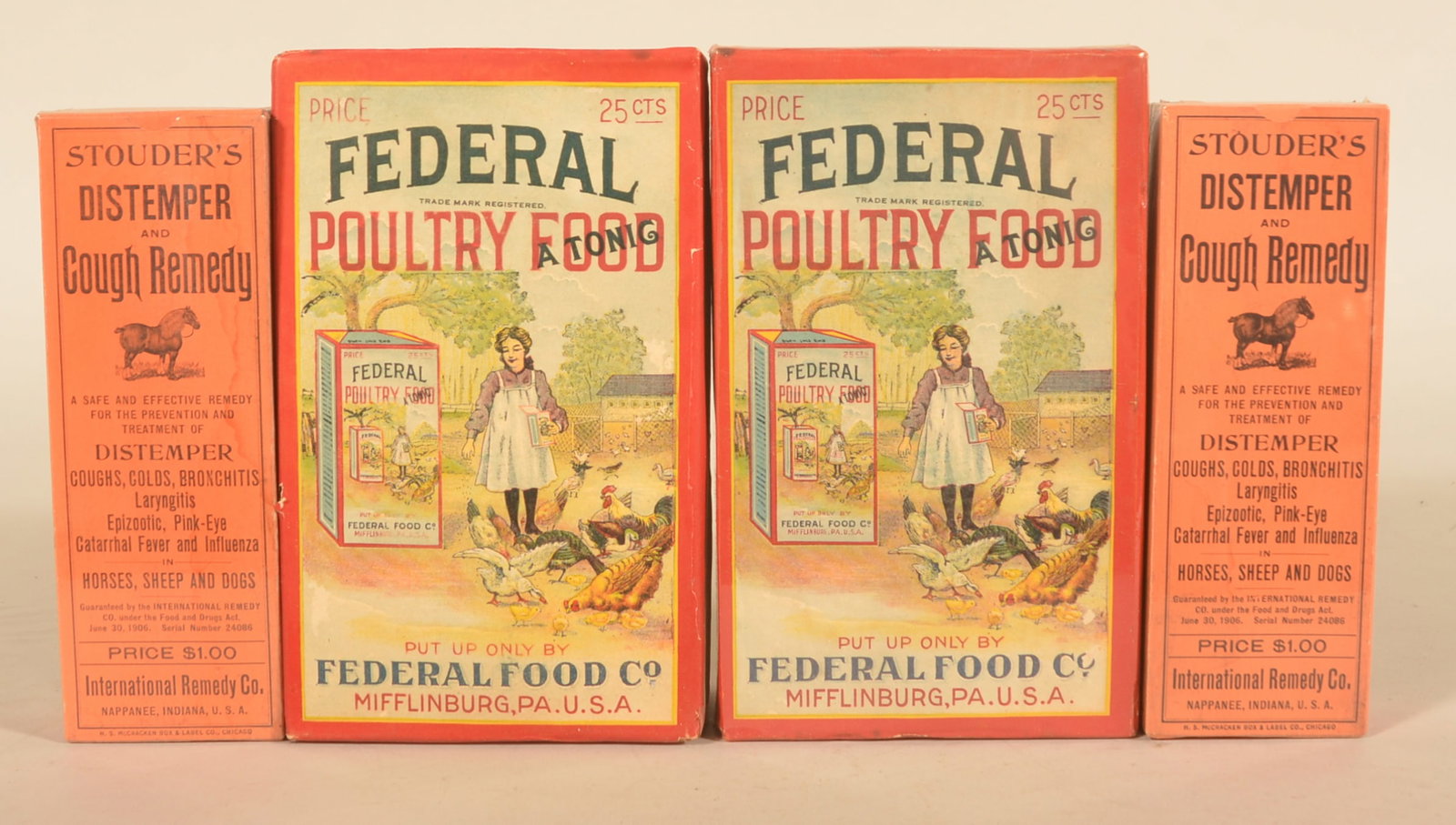 Federal Poultry Food & Stouder's Distemper Packages: Two unopened packages of Federal Poultry Food picturing a young woman feeding her chicks. Two unopened packages of Stouder's distemper and cough remedy from Nappanee, Indiana. 1920-1930s. Stouder's,