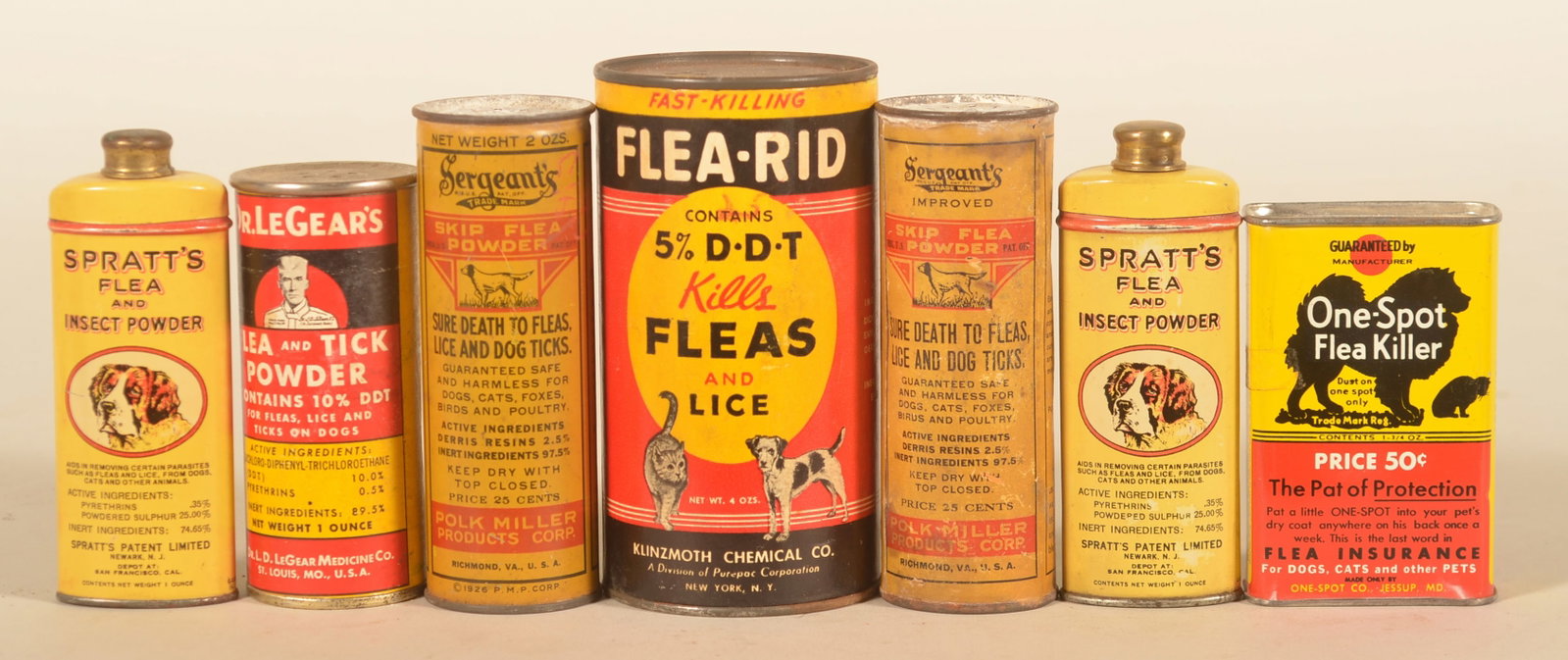 Collection Vintage Veterinary Flea Tins & Packages: Nice group of seven containers including two Spratt's oval tins, two Sergeant's, Dr. LeGear's, Flea Rid and one Spot Flea Killer. Great graphics. Spratt's, 4 1/2"H