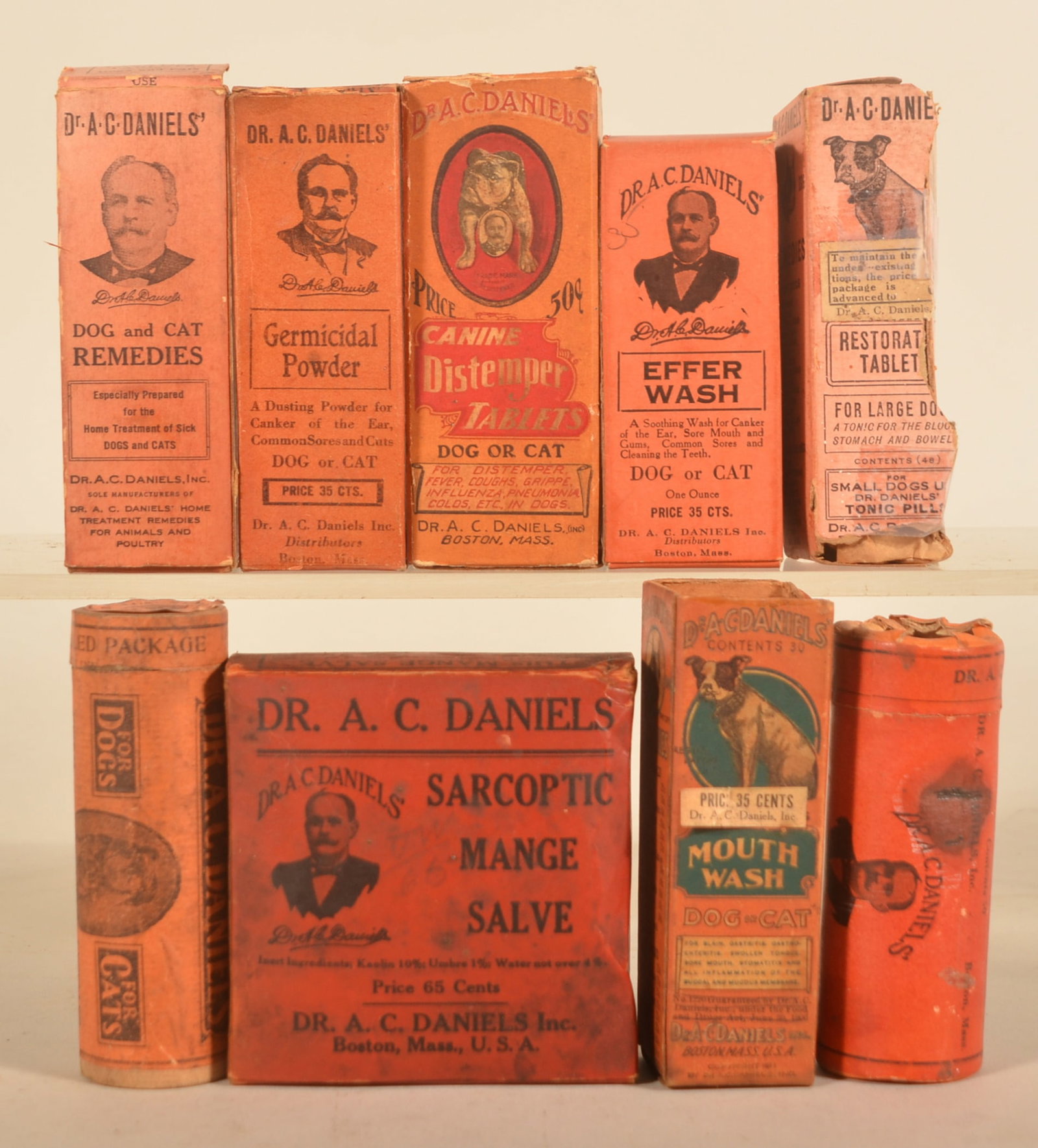 Nice Group Dr. Daniels' Dog & Cat Vet Remedies: The last lot with this theme will be the medicines Daniels produced to treat both dogs and cats. This lot consists of nine different packages including Sarcoptic Mange Salve box with tin, early Mouth
