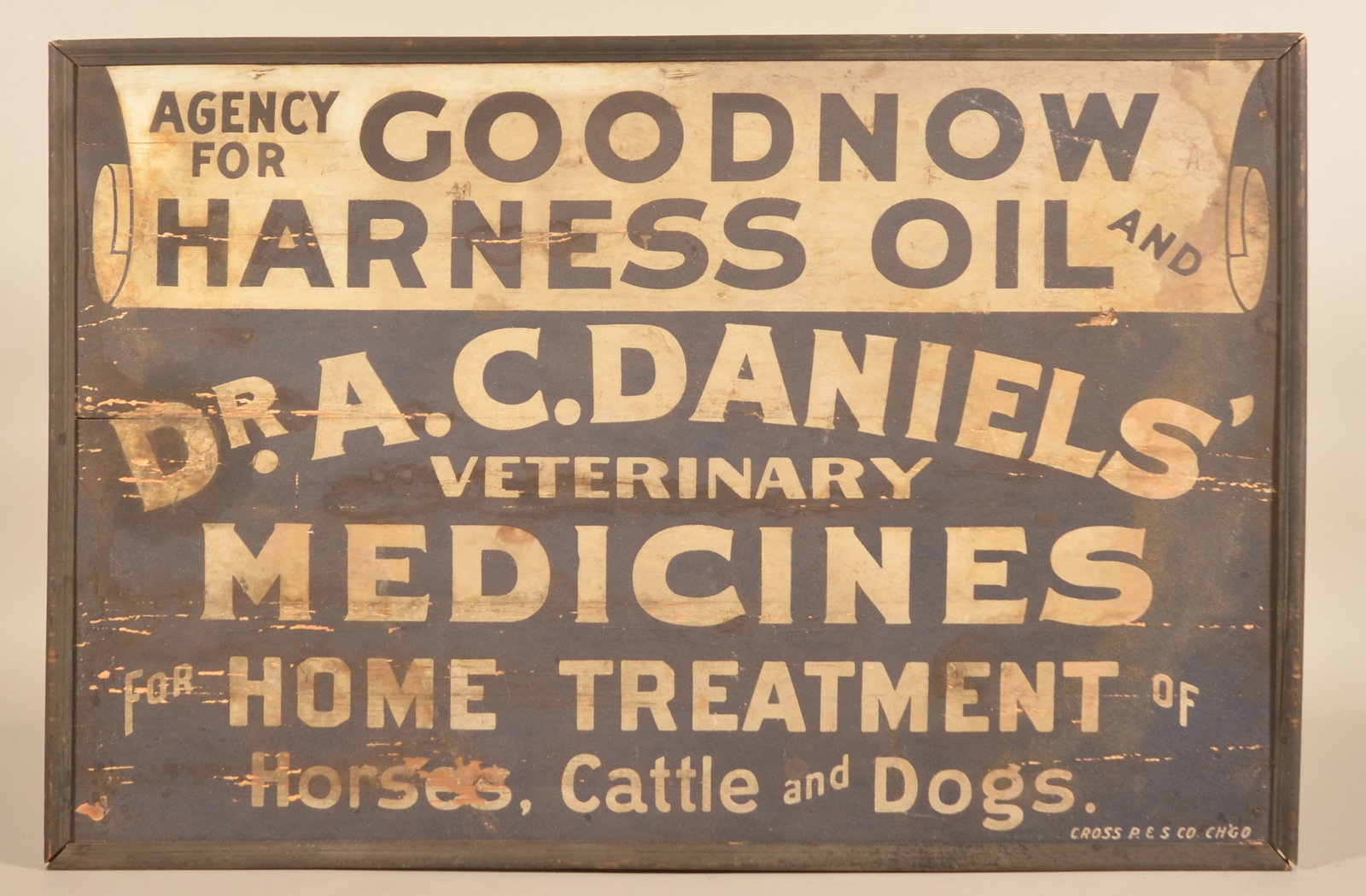 Rare Dr. Daniels' Smaltz-Painted Veterinary Sign: A beautiful sign and a rare opportunity to purchase the larger smaltz-painted Dr. Daniels' Veterinary Medicines. This sign was made in several sizes, this being the largest horizontal version and