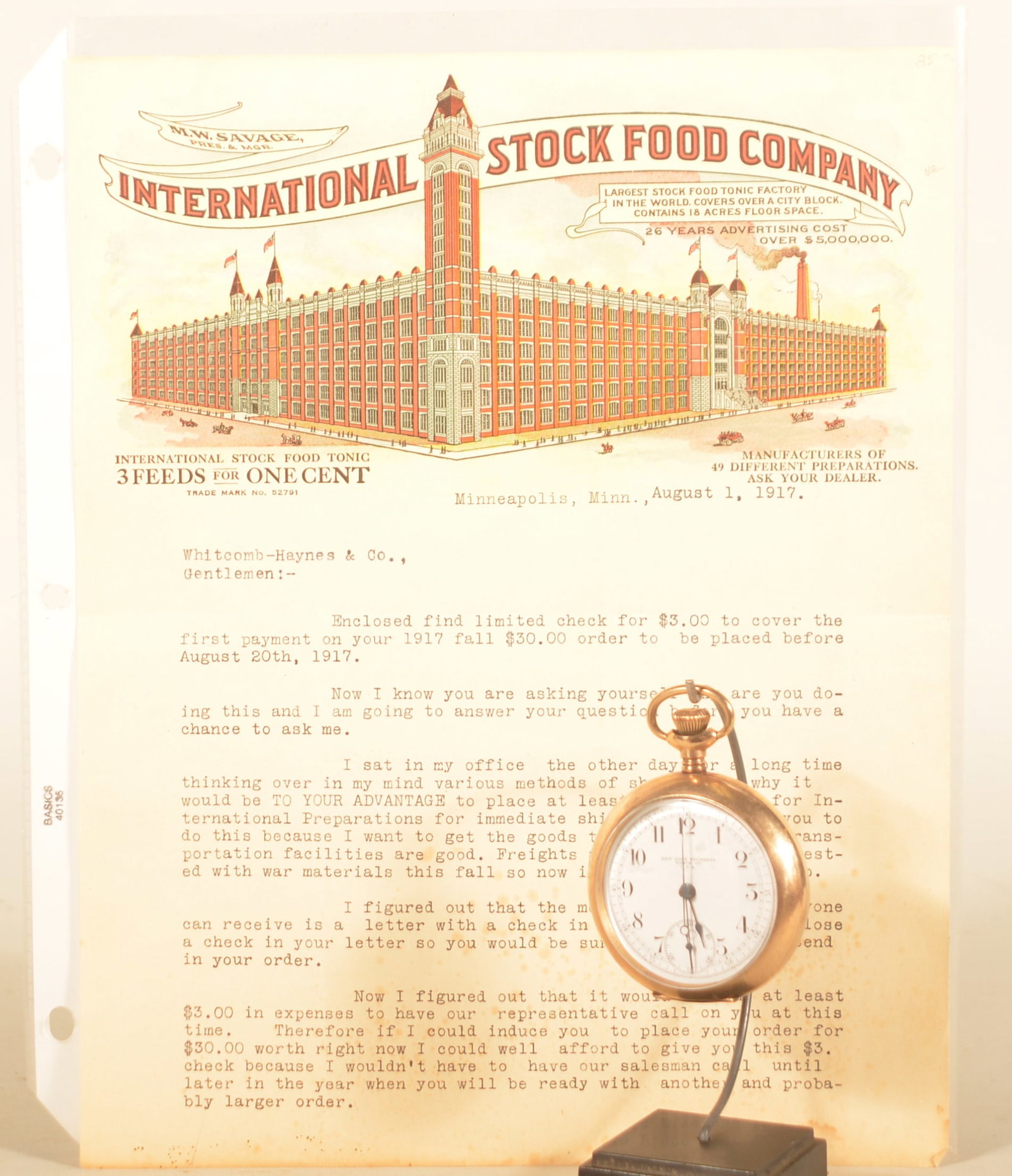 Int'l Stock Food Dan Patch Gold Pocket Watch: Antique 20-year gold-filled pocket watch given away as a premium by the International Stock Food Co. in celebration of their brand representative, Dan Patch. Dan Patch was a champion harness racer tha