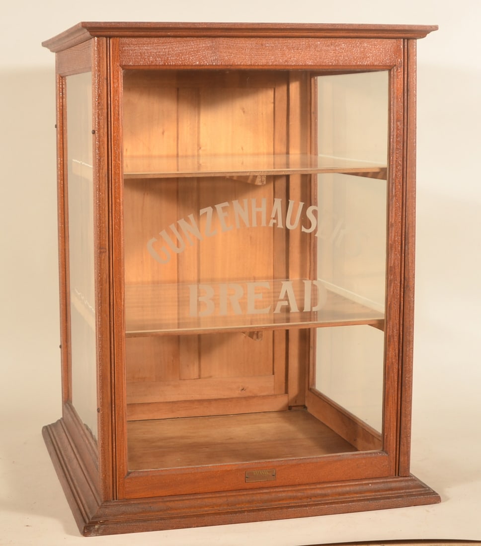 Antique Etched Gunzenhauser's Bread Display Case: An excellent reverse-etched glass display case from the celebrated Gunzenhauser Bakery which was located at 801 N. Prince Street in Lancaster City. The building, constructed in 1911, was recently demo