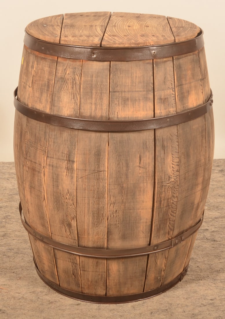 Wood Oak Cracker Barrel: Old oak barrel with both ends intact and steel staves. One end is removable. Provenance: The collection of Linda and the late Ed Althouse. 30"H x 20"D