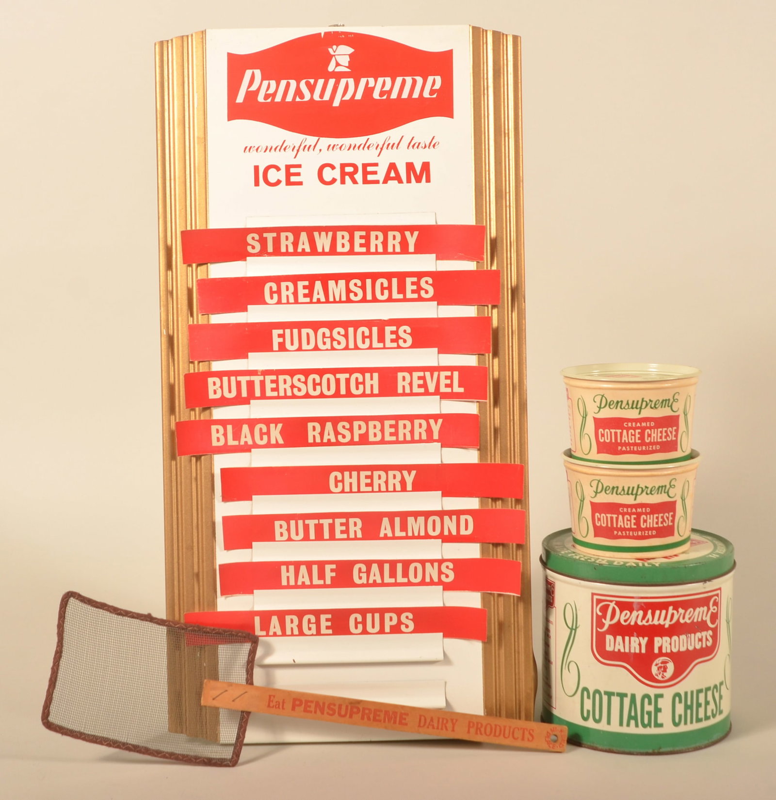 Vintage Pensupreme Ice Cream Sign & Containers: Nice vintage hanging metal menu sign with corrugated design sides and strips of waxy paper displaying available flavors. Together with a tin and two wax cardboard cottage cheese containers and an