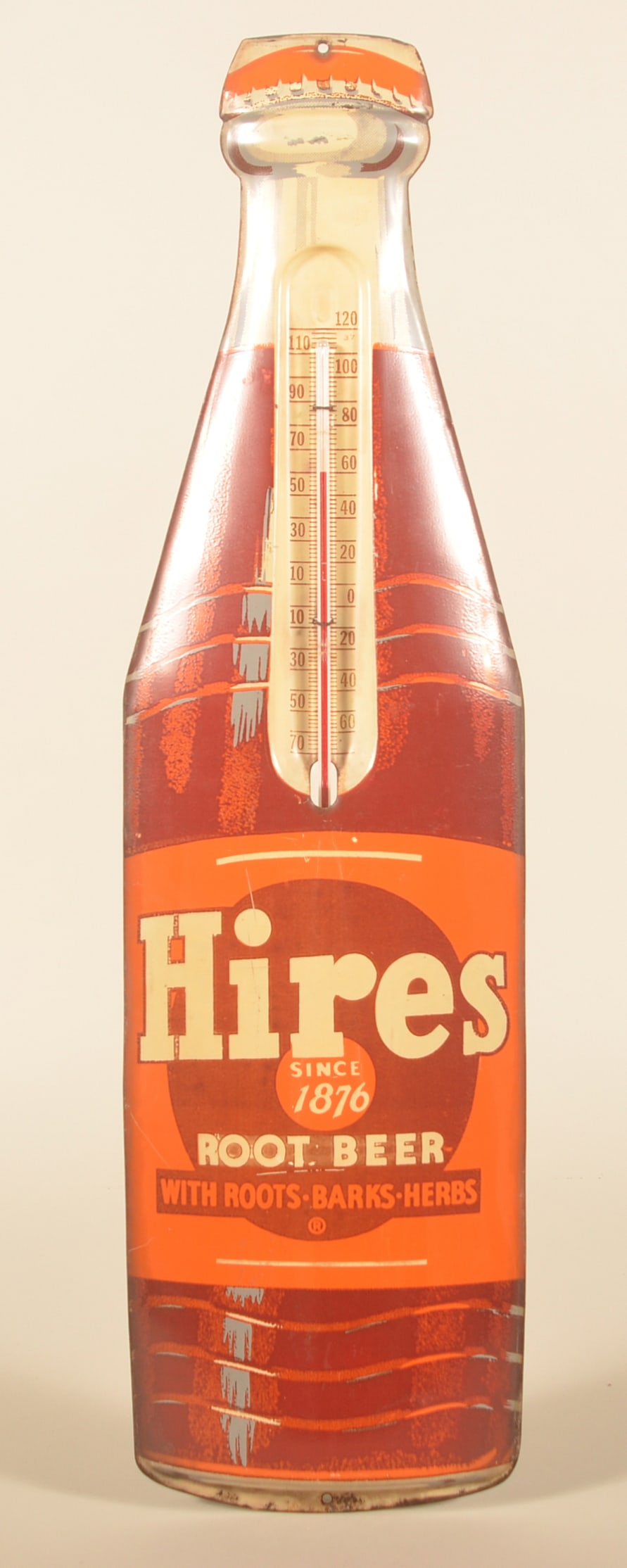 28 1/2" Figural Hires Root Beer Thermometer: Tin thermometer marked on base "BN 16 Made In USA". Provenance: The collection of Linda and the late Ed Althouse. 28 1/2"H