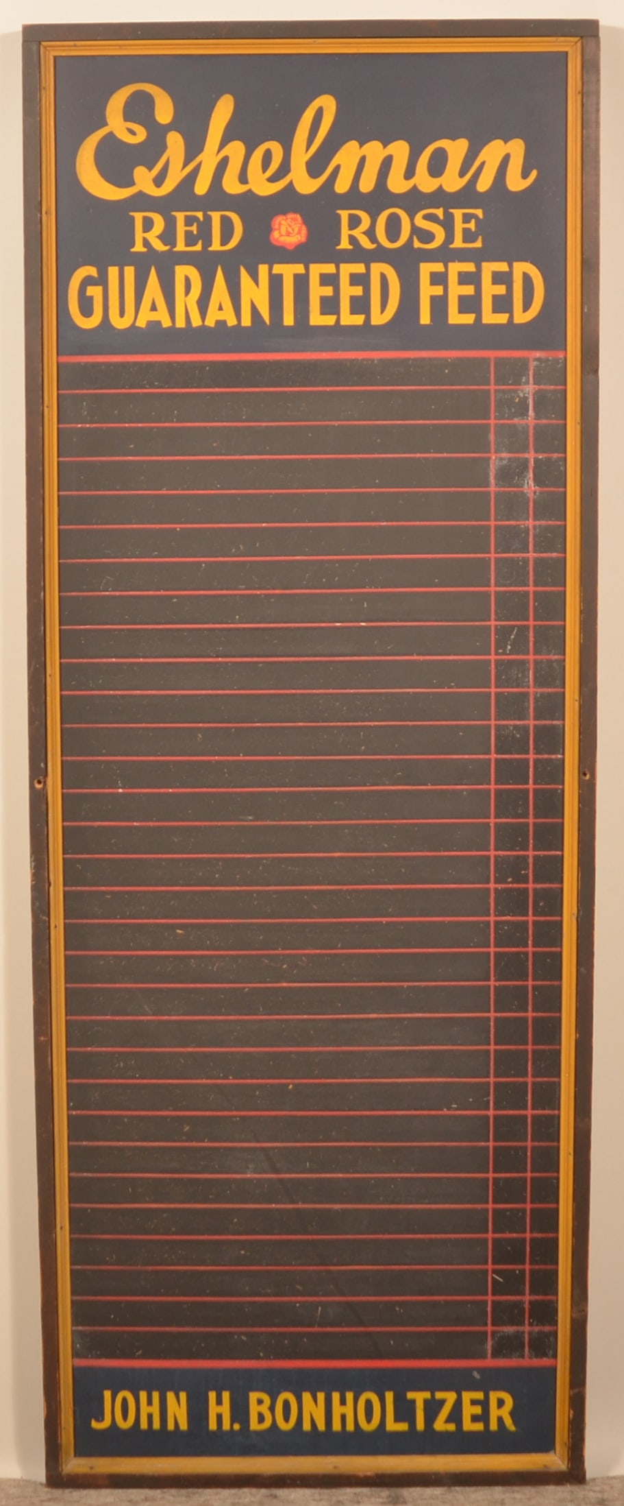 Excellent Eshelman Red Rose Feed Chalkboard Sign: Wonderful history with this particular sign. These chalkboard signs were made of Masonite with a wood frame and hung in mills and feed stores across central Pennsylvania. They were used to advertise w