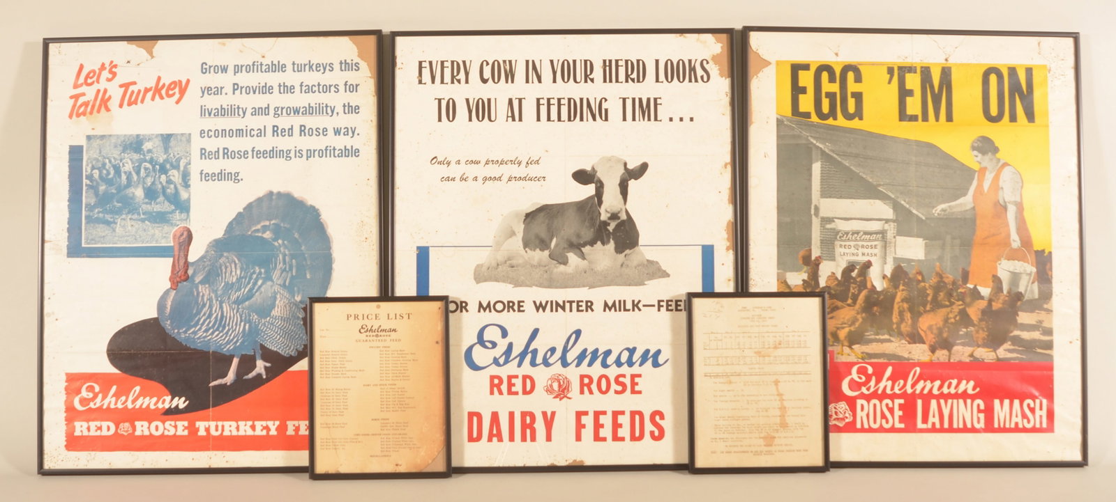 Eshelman Poultry, Turkey & Dairy Paper Signs: Three rare surviving paper signs, meant to be tacked up on the wall of the mill to advertise their products. Housed in modern frames to protect them. This group also comes with a framed Eshelman price