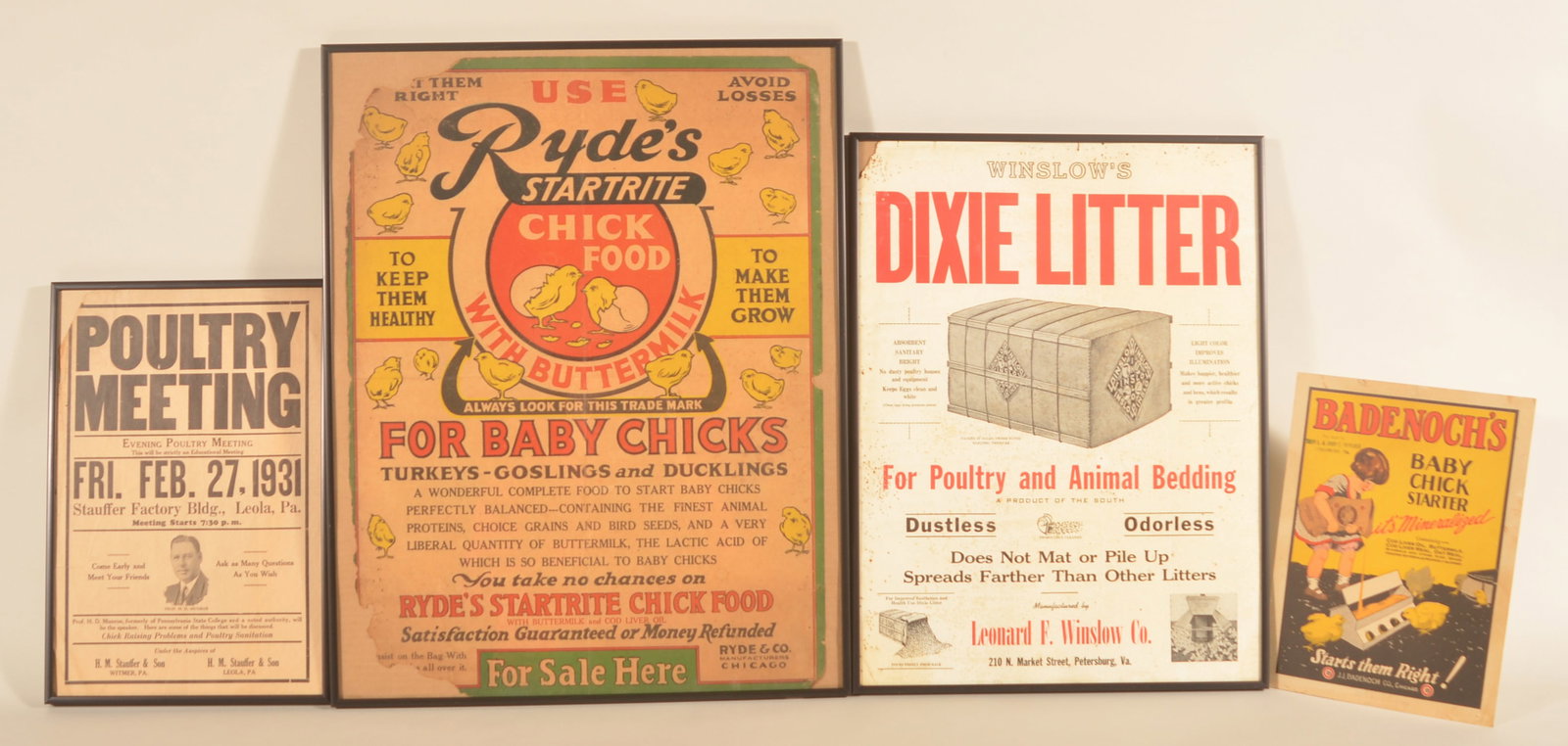 Antique Poultry Advertising & Ephemera: Four poultry-related items. A colorful cardboard sign for Badenoch's "Baby Chick Starter" featuring a young girl pouring the food into a feeder, sign is stamped for the feed store that was selling it 