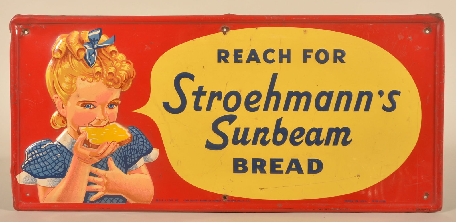 1956 Self-Framed Stroehmann's Sunbeam Bread Sign: Single-sided embossed tin sign marked on bottom "QBA Coop Inc Copr Quality Bakers of America Cooperative Inc NYC Made in USA A-M12-56". Provenance: The collection of Linda and the late Ed Althouse. 11