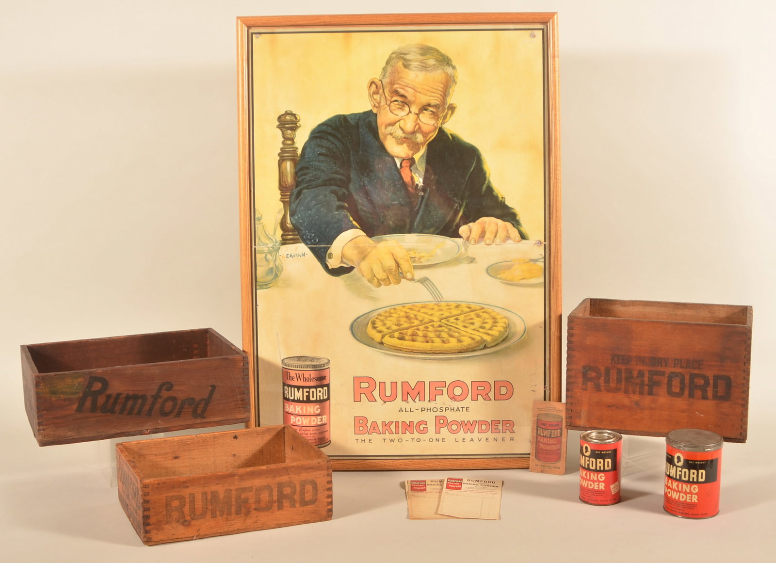 Rumford Baking Powder Easel-Back Sign & Crates: Nice group of advertising for Rumford Baking Powder. Three wood shipping crates, unused Rumford receipts, two different-size cans, and a memorandum booklet. The highlight of the group is a professiona