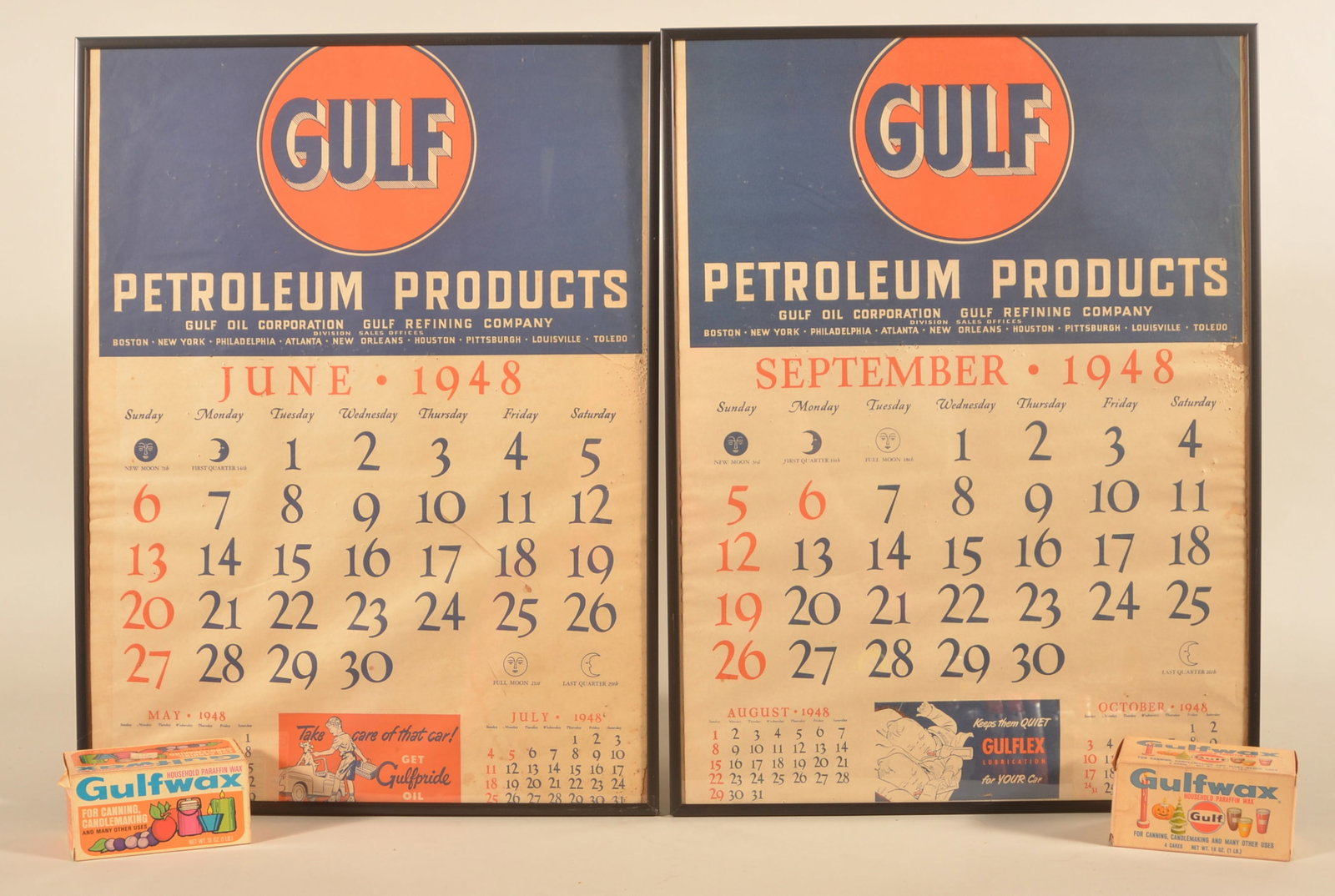 Gulf Oil Framed Calendars & Product: Two framed calendar sheets from June and September 1948. Two boxes of Gulfwax with product. Provenance: The collection of Linda and the late Ed Althouse. Calendars, 24 1/2"H x 18 1/2"W
