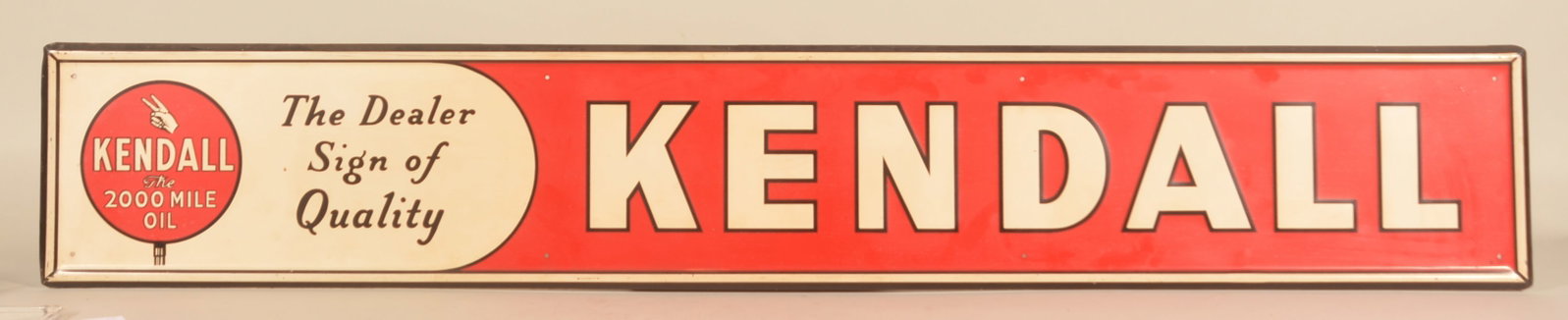 Excellent Kendall Motor Oil Self-Framed Sign: Beautiful single-sided metal sign advertising "The 2000 mile oil". Marked "6-71" in lower right corner. 12"H x 72"W