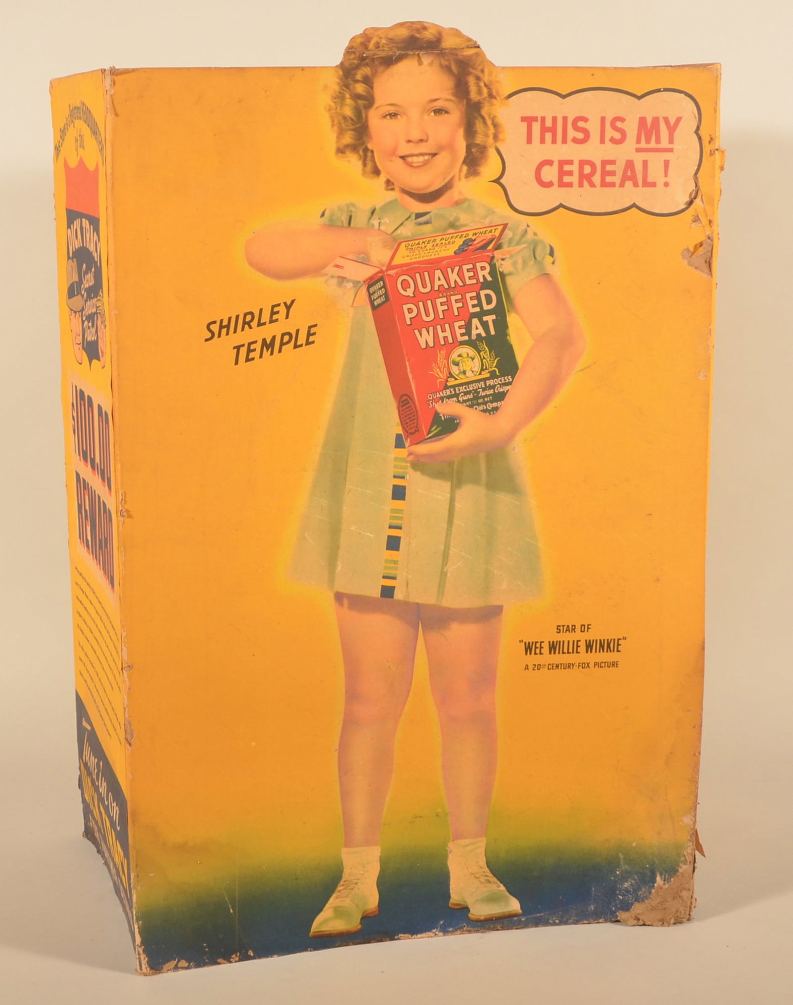 Rare Shirley Temple Quaker Puffed Wheat Display: Large countertop, square 4-sided cardboard point-of-purchase display featuring Shirley Temple advertising Quaker Puffed Wheat cereal and announcing the release of her new movie "Wee Willie Winkle". Th