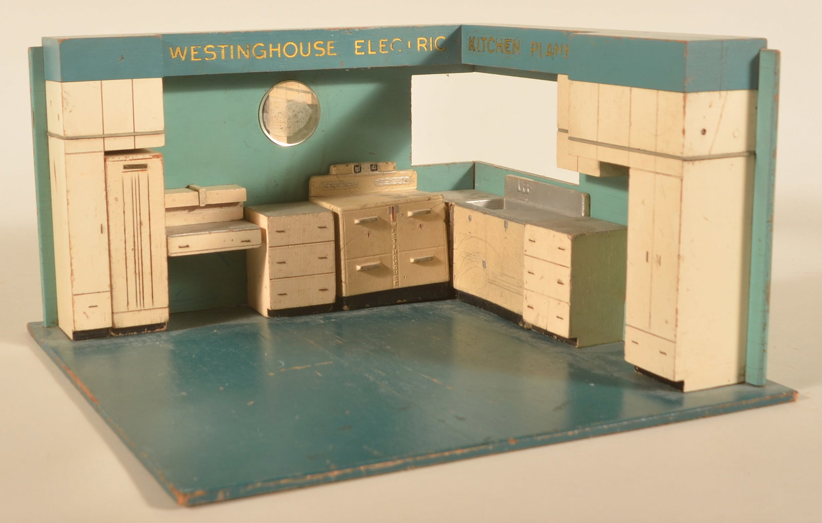 Westinghouse Electric Kitchen Salesman Sample: Great vintage wood kitchen planner with all of the latest conveniences from the early 1950s. 8 1/2"H x 14 1/2"W x 15"D
