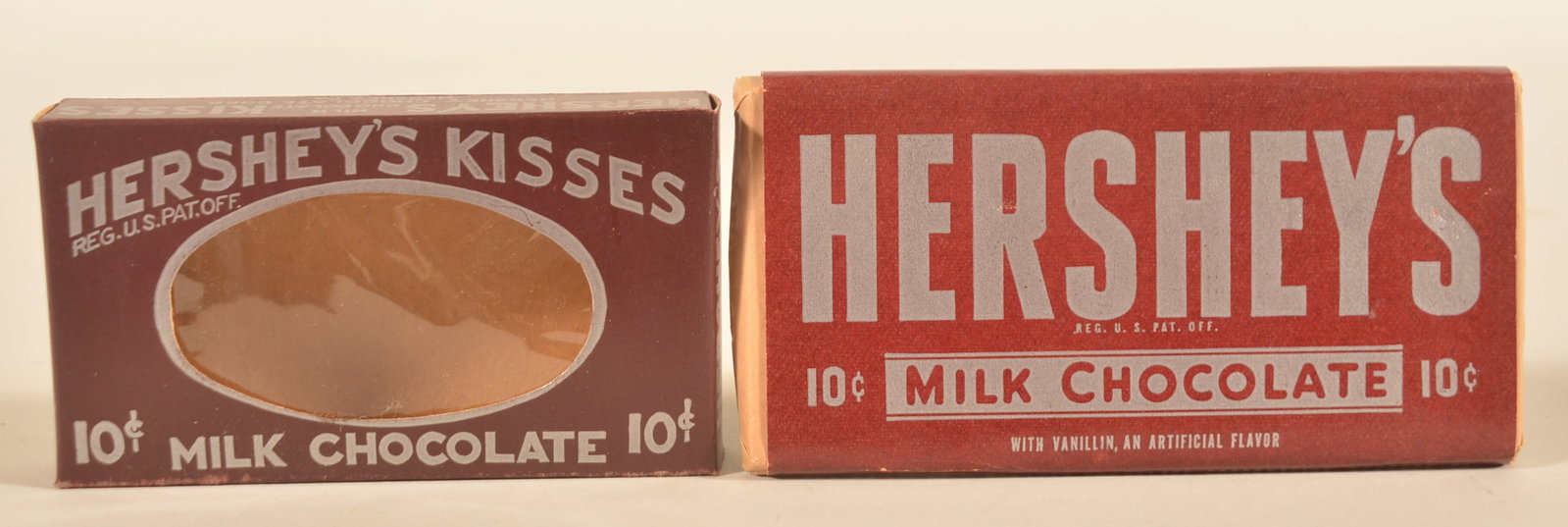 Rare Hershey's Dummy Sample Chocolate & Kisses Box: Rare NOS Hershey's Chocolate 10 cent display bar with original tag on back that says "Dummy Not To Be Sold". Together with an early NOS Hershey's 10 cent Milk Chocolate Kisses box. Bar, 2 3/4"H x 5 1/
