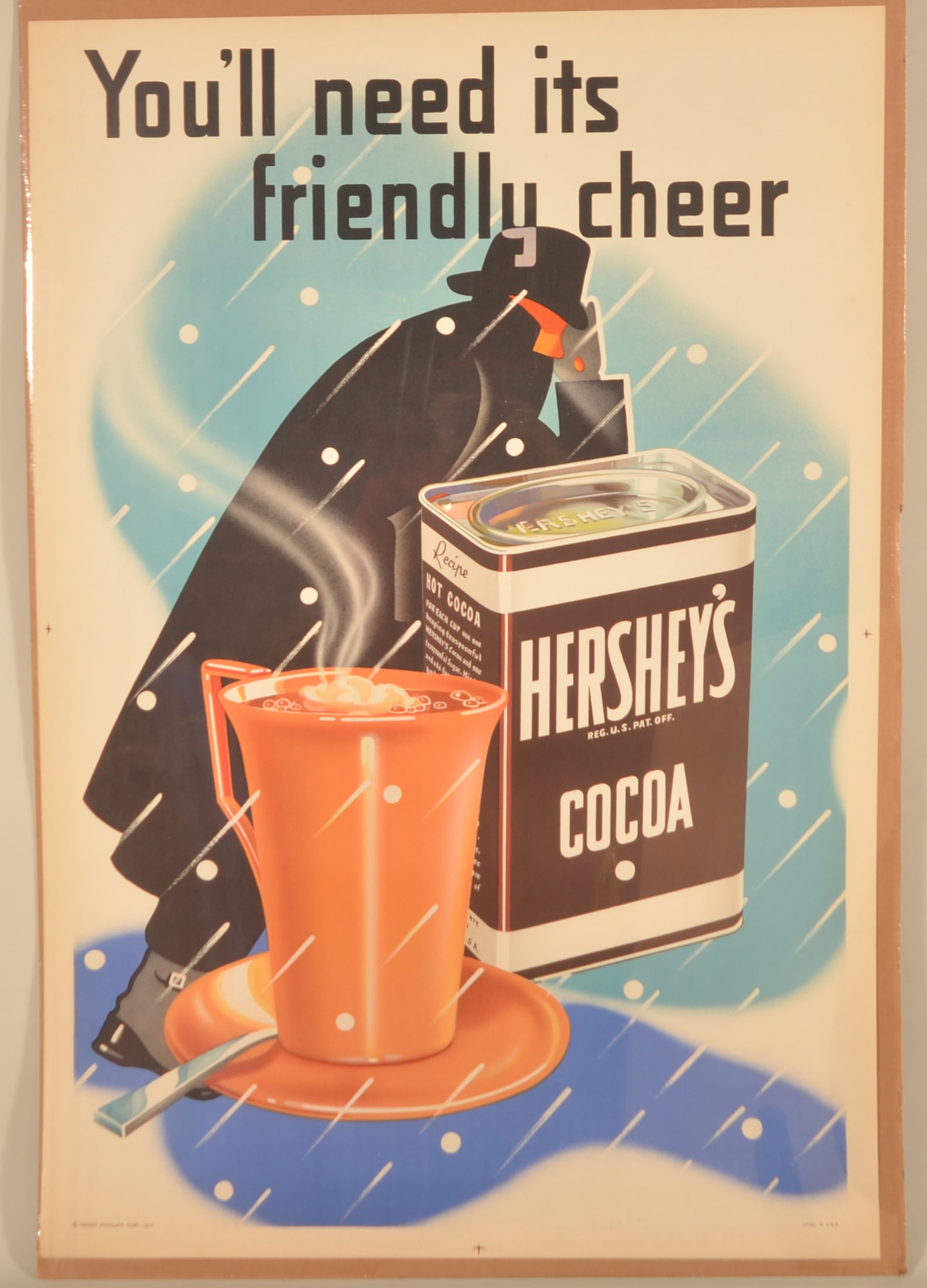 Excellent 1937 Hershey's Chocolate Cocoa Poster: New old stock poster featuring a gentleman bundled up and braving the winter snow and the slogan "You'll need it's friendly cheer". Marked Hershey Chocolate Corp 1937. 45 1/4"H x 30 1/2"W