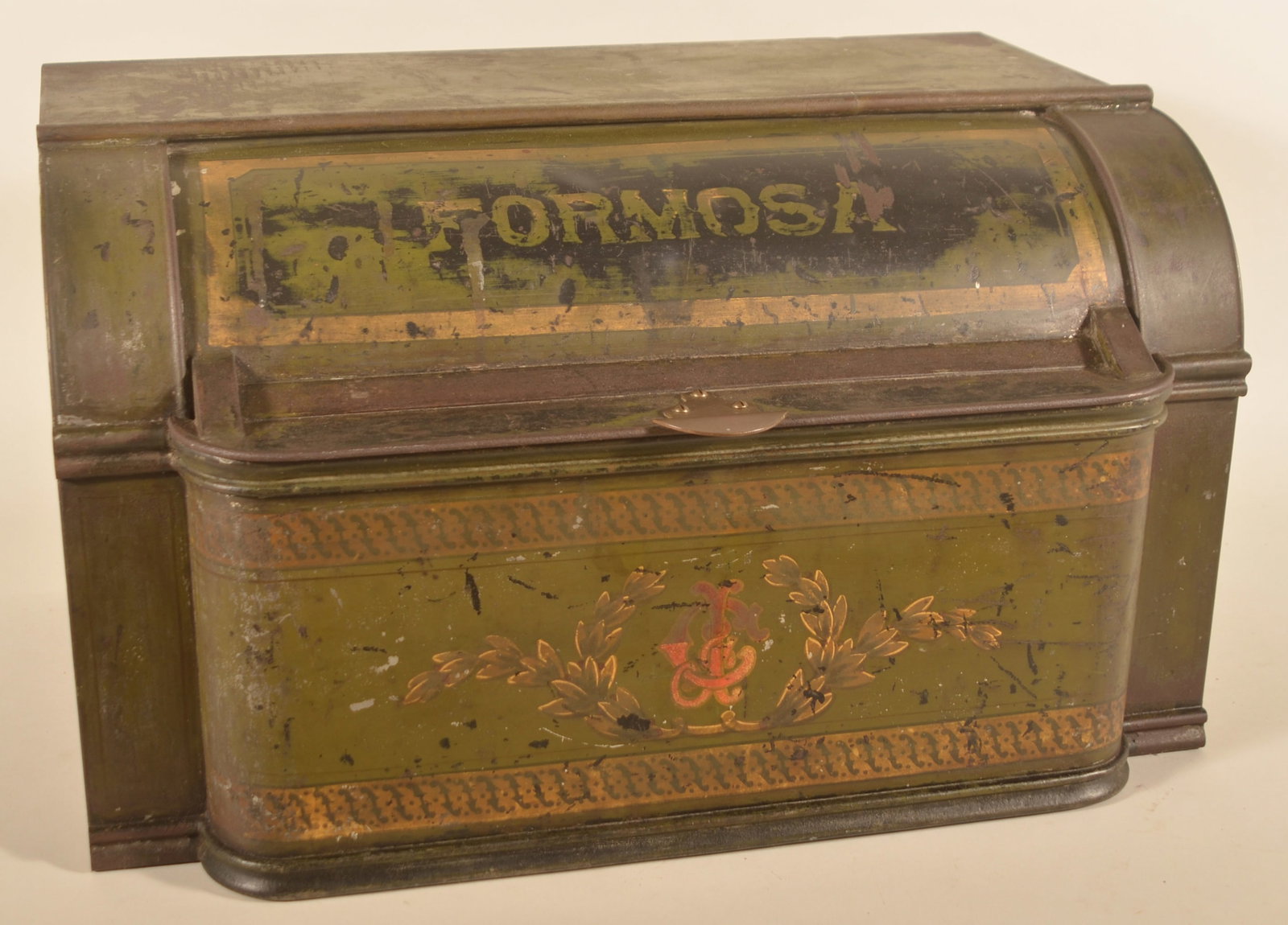 Large General Store Tin Spice Bin: Late-19th-century bin with lift lid marked "Formosa". Original paint and decoration. 16"H x 28"W x 19 1/2"D