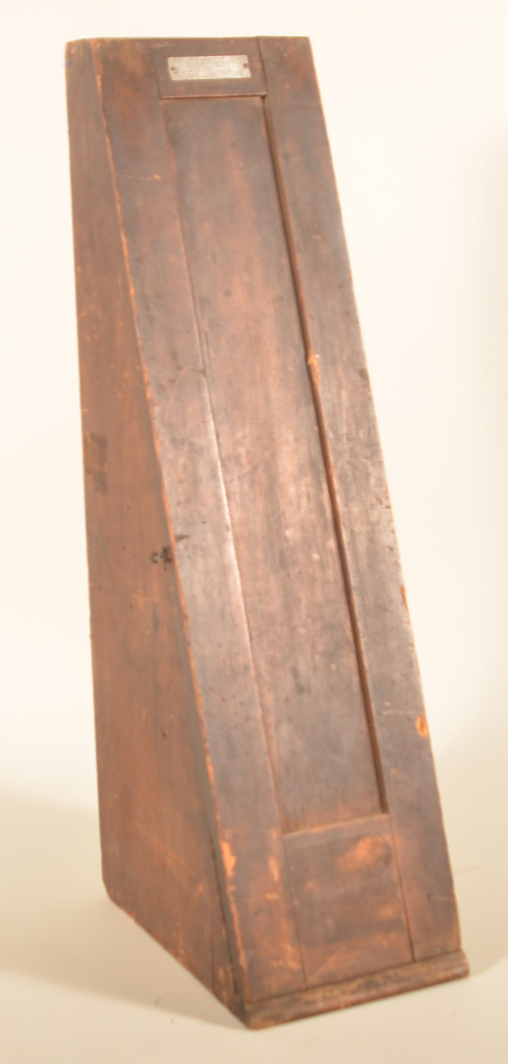Hamilton Mfg. Co. Wood Canted Store Fixture: Single door with multiple shelves and metal maker's tag for Hamilton Mfg. Co. from Two Rivers, WI. Original hinges, hook & eye, and finish. 31"H x 8"W x 13"D