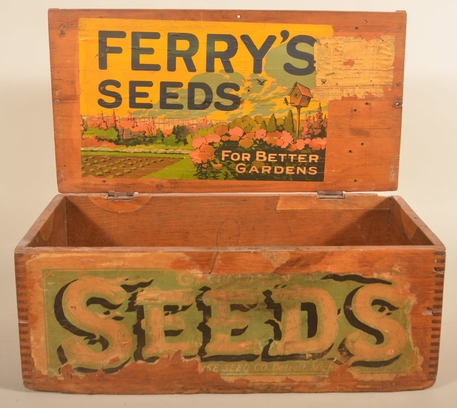 Large Ferry's Paper Label Seed Display Box: Dovetailed box with lift lid. Paper labels on front and inside of lid with good colors. 10"H x 26"W x 13 1/2"D