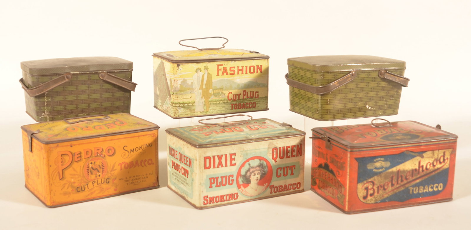 Collection of Six Tobacco Lunch Box Tins: Pedro, Fashion, Dixie Queen, Brotherhood and two US Marine Cut Plug. Largest, 4 1/2"H x 8"W x 5"D