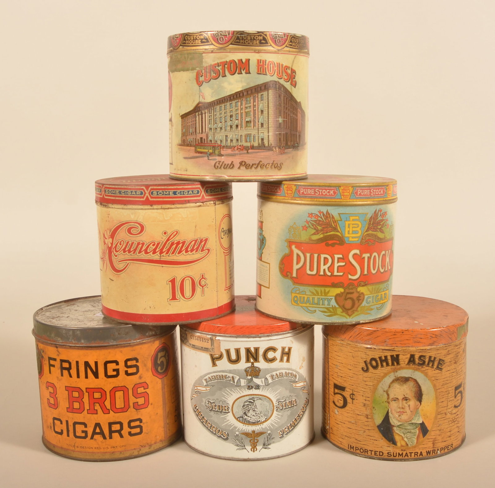 Six Cigar Tins Incl. Punch, Councilman & Frings: Tins include John Ashe, Punch, Councilman, Pure Stock, Custom House and Frings 3 Bros. Largest, 5 1/4"H x 5 3/4"D