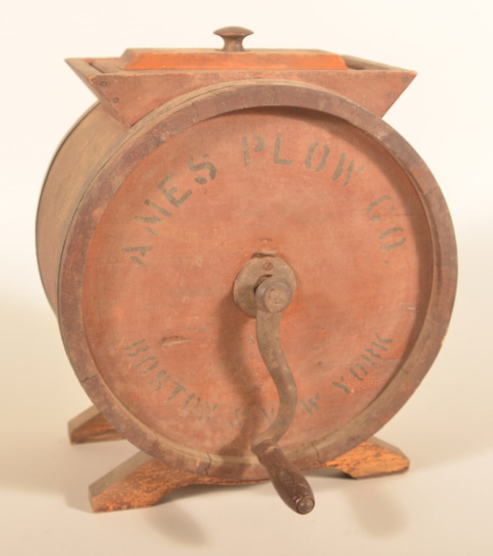No.1 Improved Wood Cow Stenciled Butter Churn: Nice small countertop-size churn with original dry alligatored finish, original feet, lid and paddles inside. 17"H x 13"W x 9 1/2"D