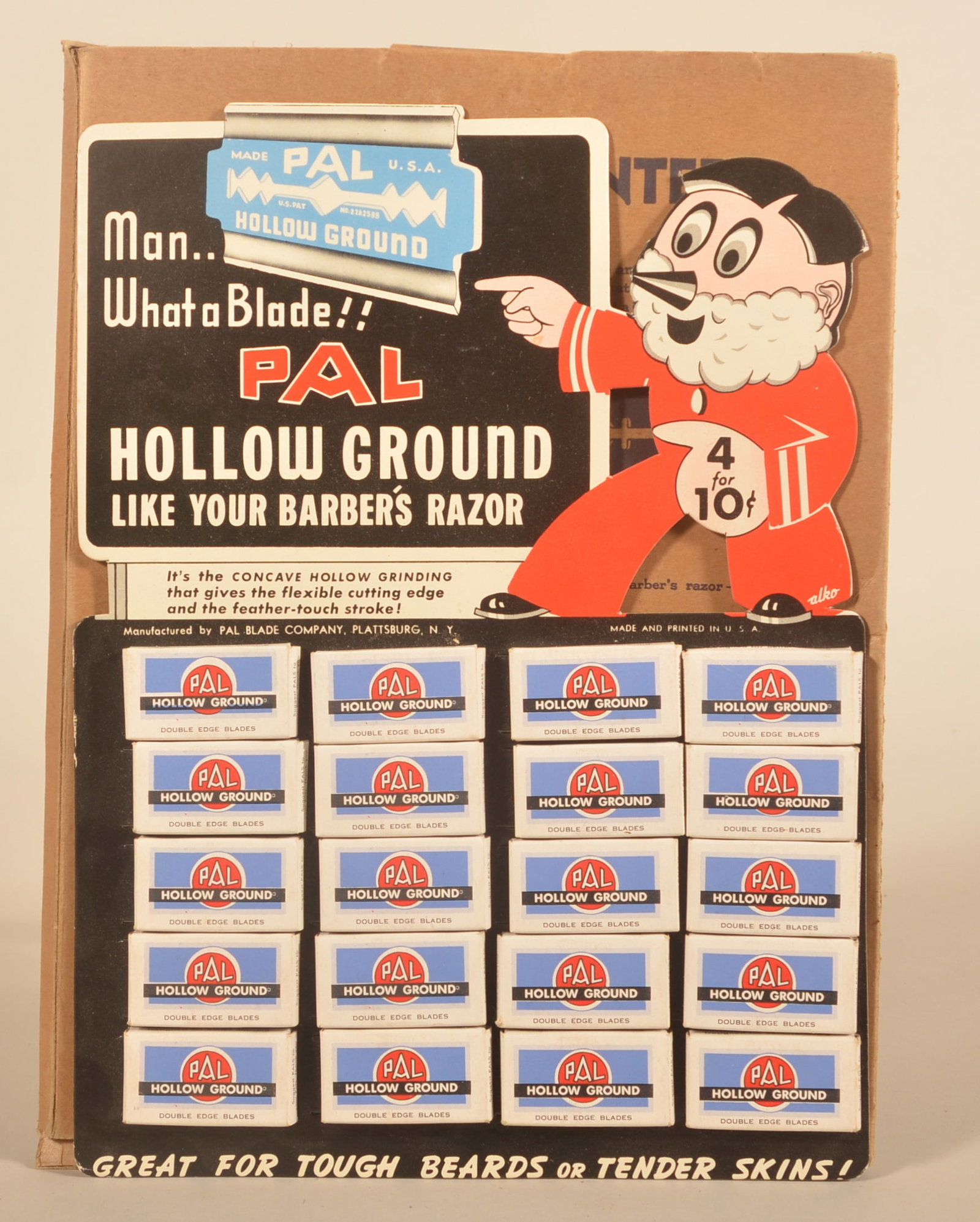 What A Pal! Easel-Back Figural Razor Blade Display: NOS with original cardboard protective holder. Manufactured by Pal Blade Company, Plattsburgh, NY. Ca. 1930s. 13"H x 9 1/4"W