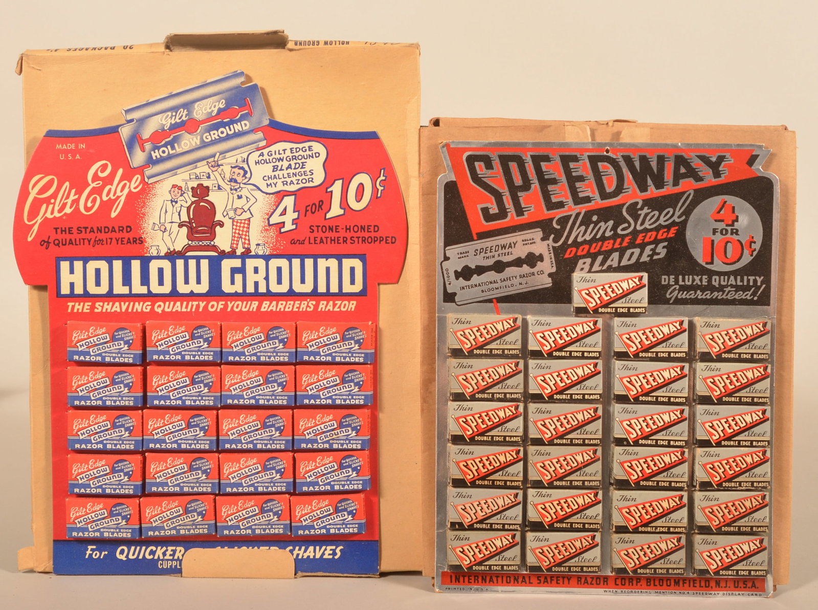 Speedway & Hollow Ground NOS Razor Blade Displays: One display features an automotive-related cardboard display called "Speedway" and the other features two barbers with their chair called "Hollow Ground". Ca. 1930s. 13 3/4"H x 10 1/2"W