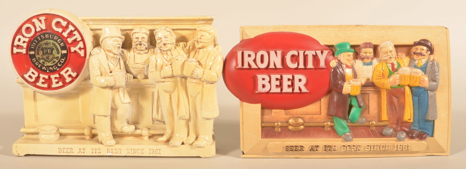 2 Pittsburgh Brewing Iron City Beer Vintage Signs: One molded plastic sign with partial hanger on back featuring revelers at the bar. Chalkware sign with same scene marked on side "M.J. Golden & Collins Pittsburgh Pa 1951". From the city of champions.