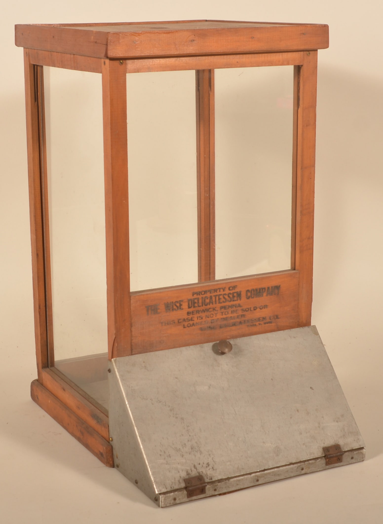 Wise Delicatessen Store Counter Chip Container: Wood, glass and tin vertical countertop display that held potato chips or other dry goods you could purchase by the bag. Stenciled on the front, from Berwick, Pa. Provenance: The collection of