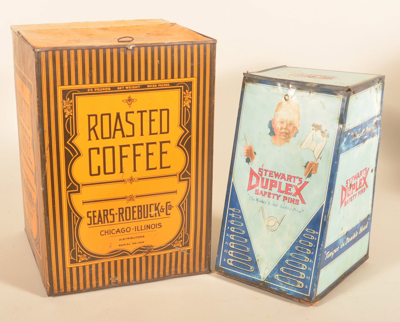 Stewart's Duplex Safety Pin & Sears Coffee Tins: Unusual vertical, canted-side tin lithograph store display for Stewart's Duplex Safety Pins depicting a baby holding an oversized safety pin. Together with a lift-lid tin Sears-Roebuck Coffee bin.