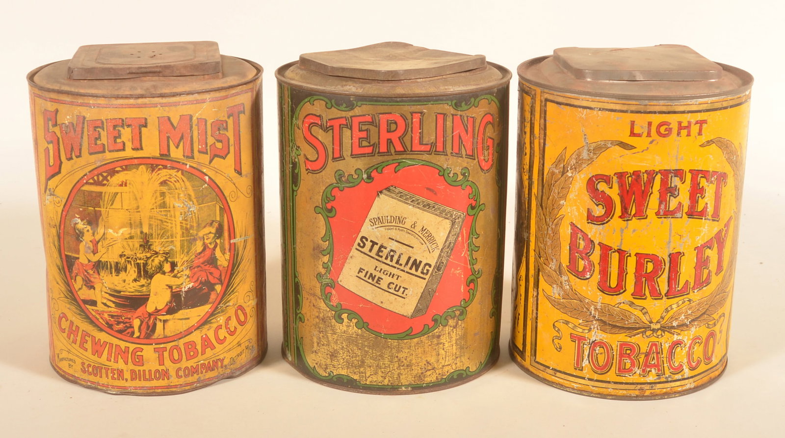 Sterling, Sweet Burley & Sweet Mist Tobacco Tins: Three countertop display bins with good colors. Provenance: The collection of Russell and Darlene Snyder. Each, 11 1/2"H