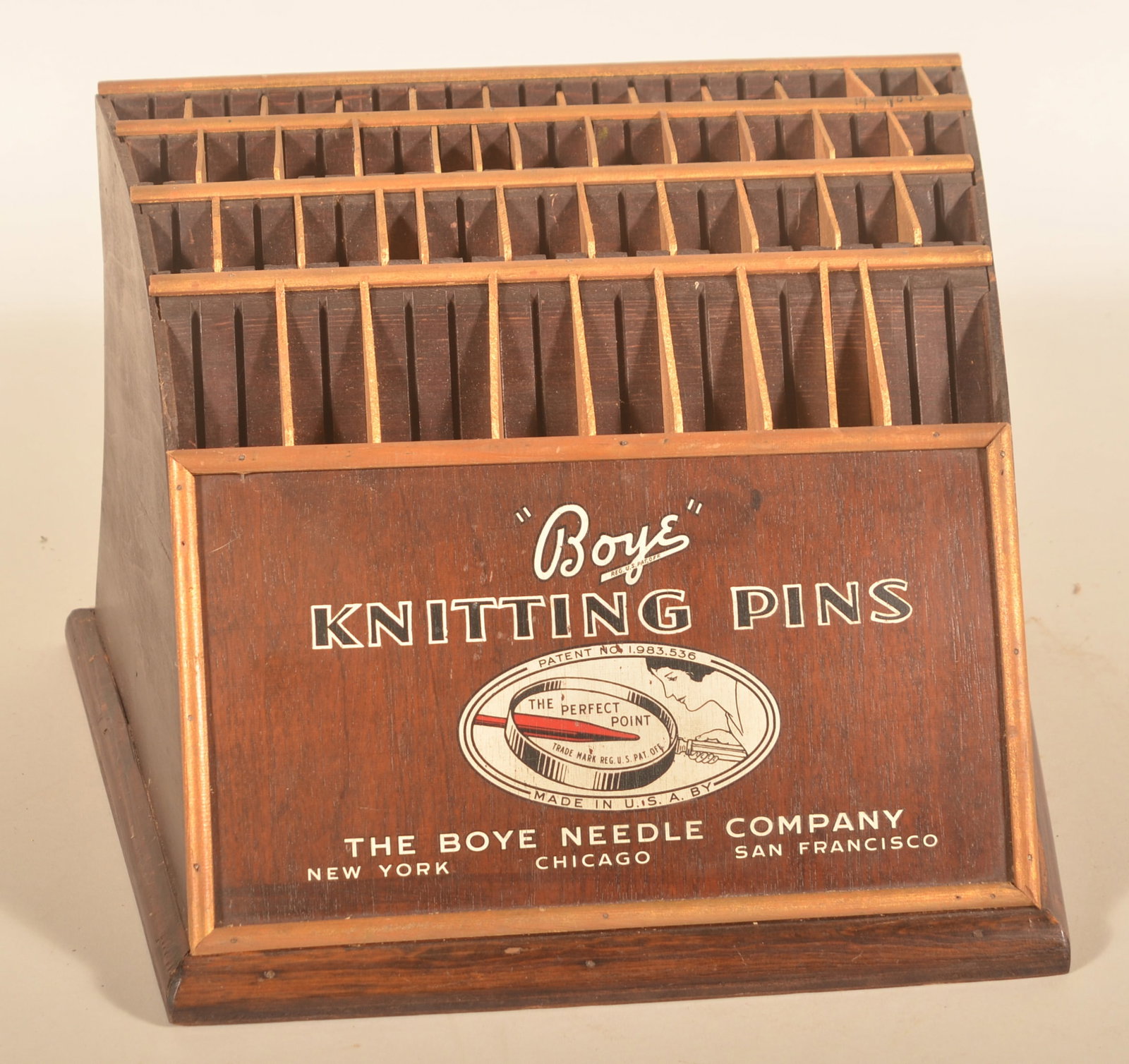 Boye Knitting Pins Country Store Display: Excellent bentwood store display in the original finish. Has the display instructions on the reverse in paper along with the warning the cabinet is for display of Boye product only in mustard paint. P