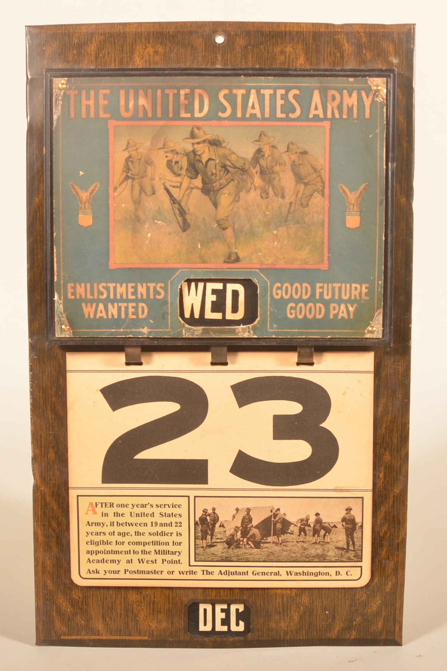 Great Early-20th C. US Army Tin Perpetual Calendar: Rare piece. Tin-over-cardboard body with printed directions on the reverse. The top is tin and lifts up to reveal the other days in the calendar. On the tin itself is an advertisement recruiting for t
