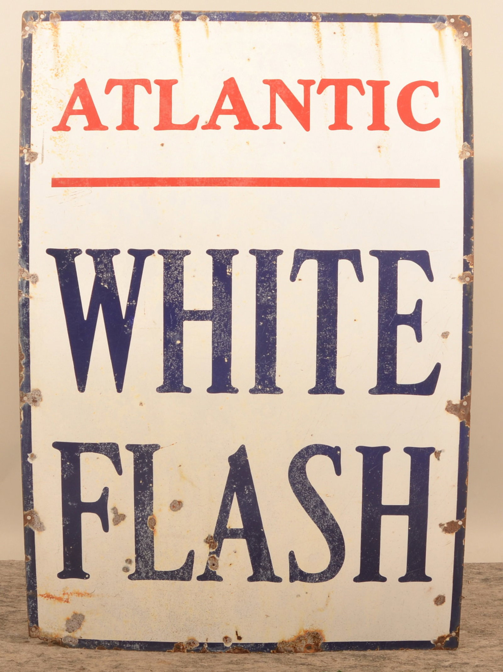 Single-Sided Porcelain Atlantic White Flash Sign: Large sign with red, white, and blue colors. Provenance: The collection of Russell and Darlene Snyder. 51 1/2"H x 35 1/2"W