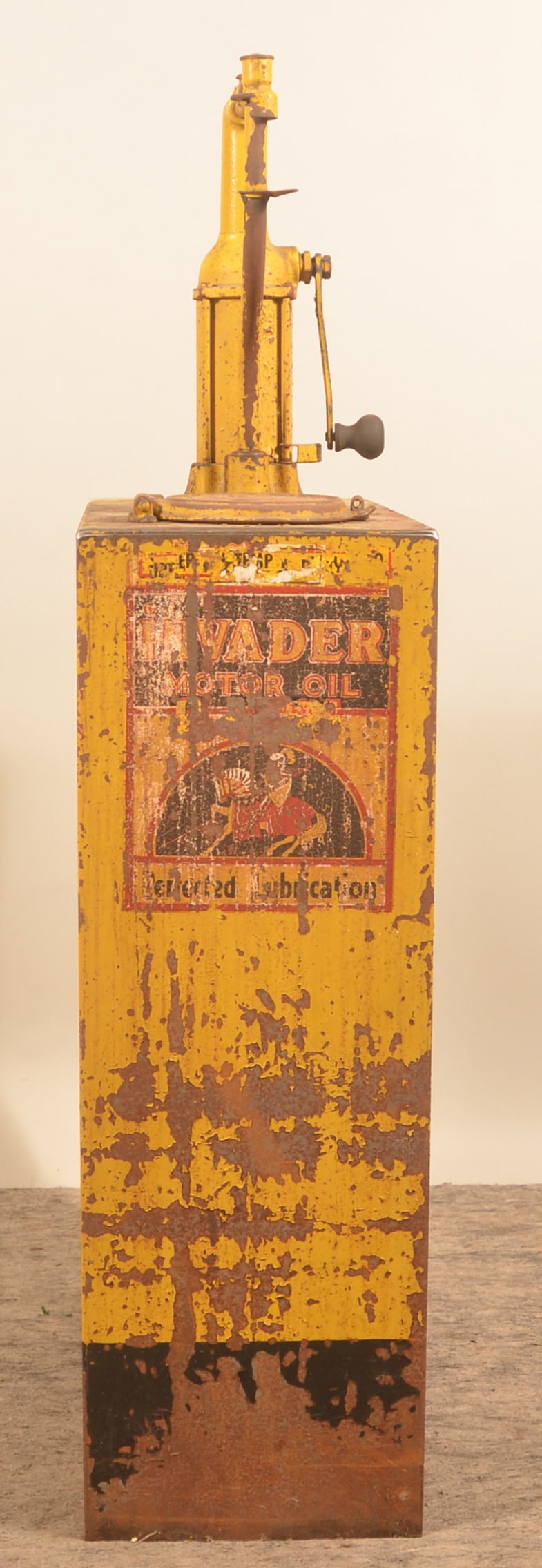 Invader Motor Oil Lubester: Original label on one side and original gold and black paint. 55" x 13" x 29"