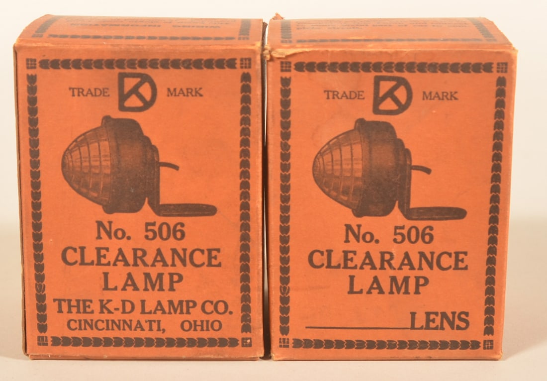 Pair NOS K-D No 506 Automobile Clearance Lamps: Both in original box. 1930s vintage made in Cincinnati, Ohio. Box, 4 1/4"H x 3 1/4"W x 3 1/4"D