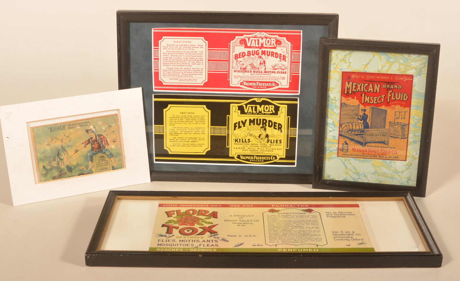 Small Collection Vintage Fly/Moth Killer Labels: Four labels, three are framed and one is matted. NOS paper labels for Flora Tox, Mexican Brand Insect Fluid, Buhach California Insect Powder and two variations of Val Mor in the same frame. Flora tox