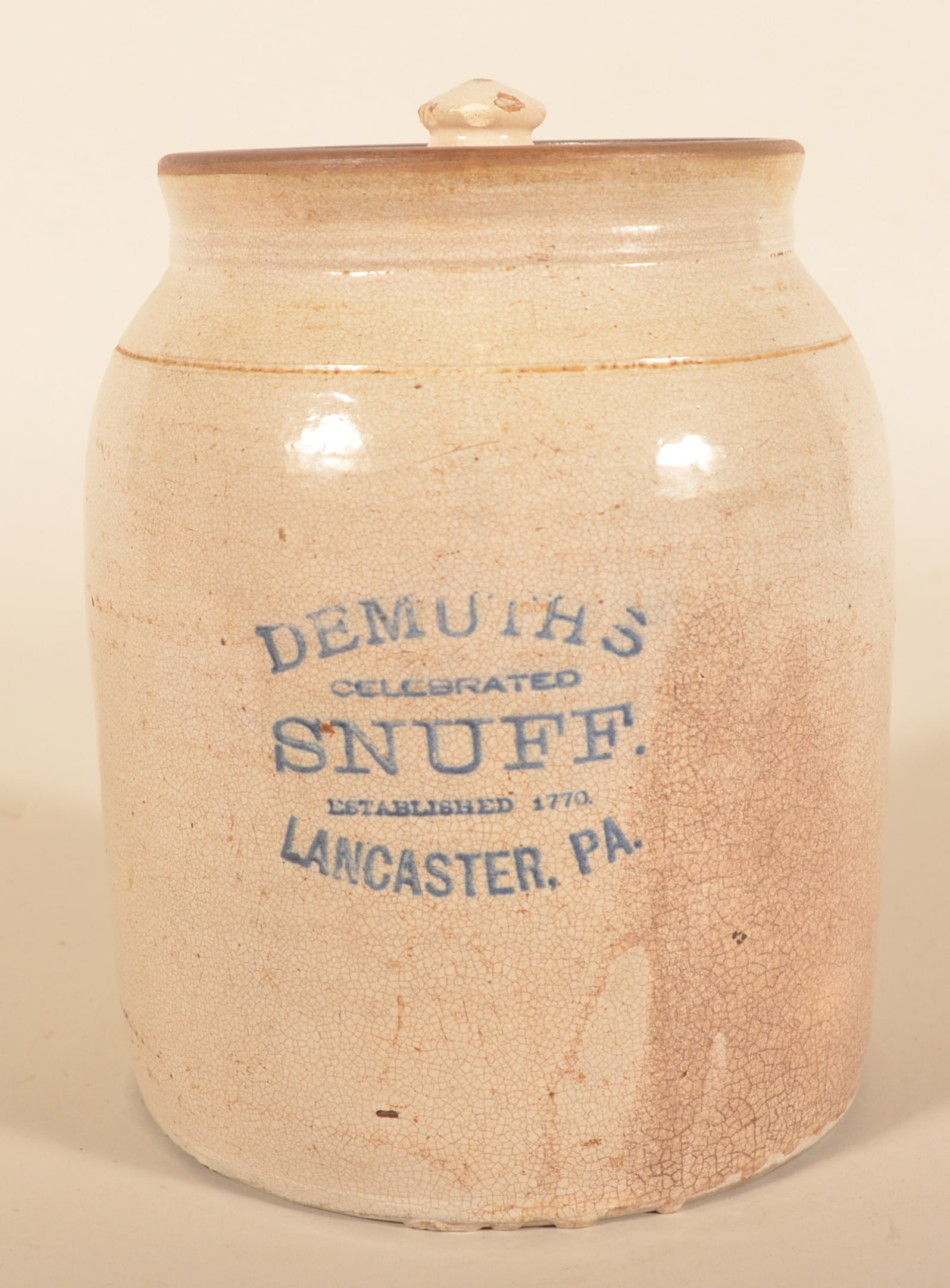 Demuth's Lancaster, PA Stenciled Tobacco Crock (1 of 3)