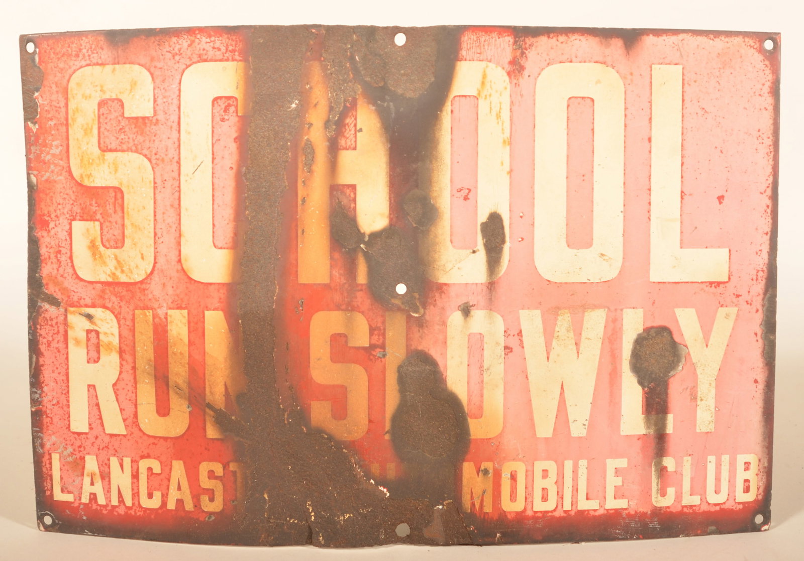 Rare Porcelain Lancaster Auto Club School Sign: "School Run Slowly Lancaster Automobile Club" sign from the 1910s. Rare surviving sign. 12"H x 18"W