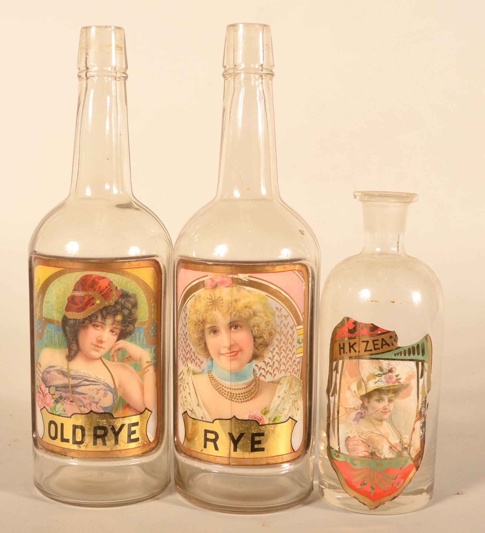 3 Antique Label Under Glass Whiskey Saloon Bottles (1 of 3)